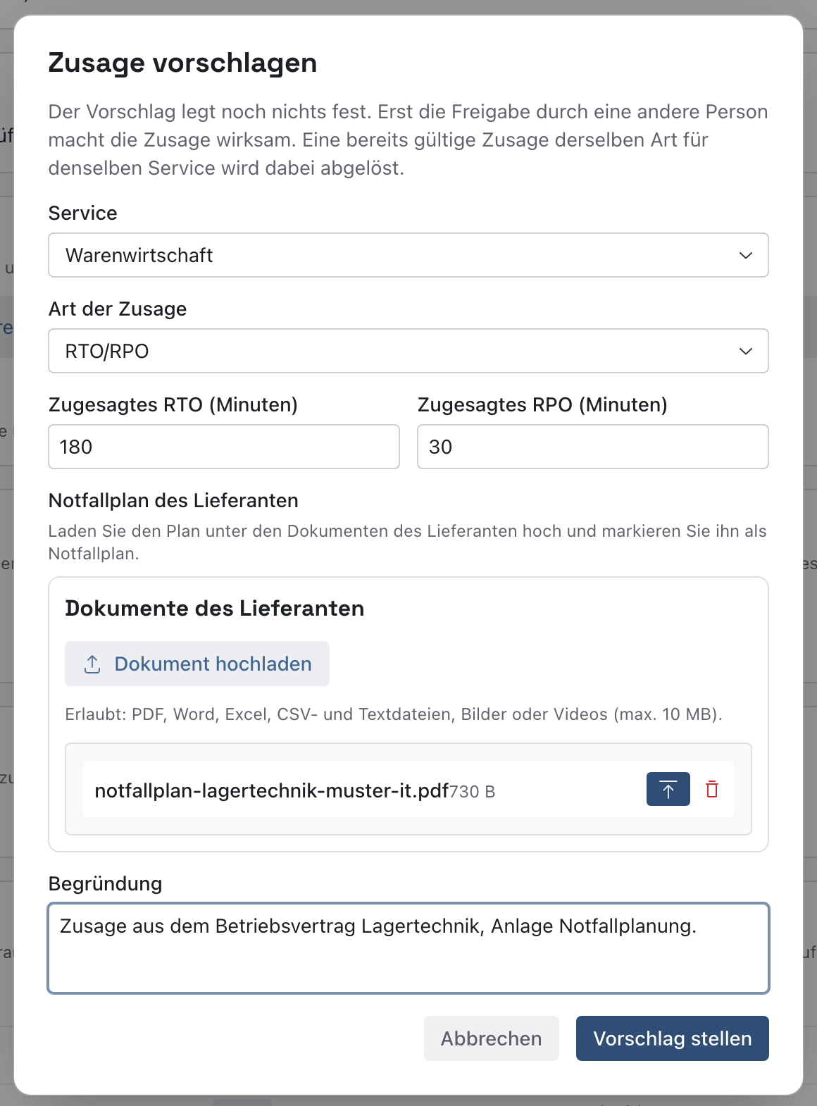 Dialog Zusage vorschlagen mit Service Warenwirtschaft, Art RTO/RPO, Zugesagtes RTO 180 und RPO 30, im Kasten Dokumente des Lieferanten die angeheftete Datei notfallplan-lagertechnik-muster-it.pdf, einer Begründung und dem Knopf Vorschlag stellen