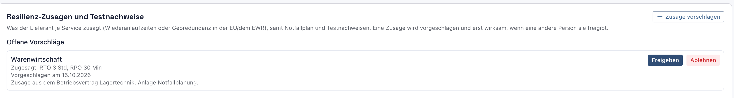 Abschnitt Resilienz-Zusagen und Testnachweise aus Sicht der zweiten Person: Offene Vorschläge, Warenwirtschaft, mit den Knöpfen Freigeben und Ablehnen