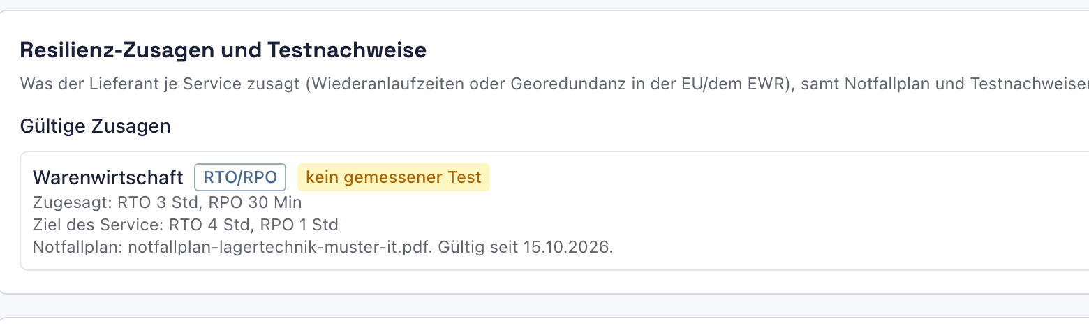 Gültige Zusagen: Warenwirtschaft mit den Zeichen RTO/RPO und kein gemessener Test, Zugesagt RTO 3 Std, RPO 30 Min, Ziel des Service RTO 4 Std, RPO 1 Std, Notfallplan und dem Knopf Testnachweis erfassen