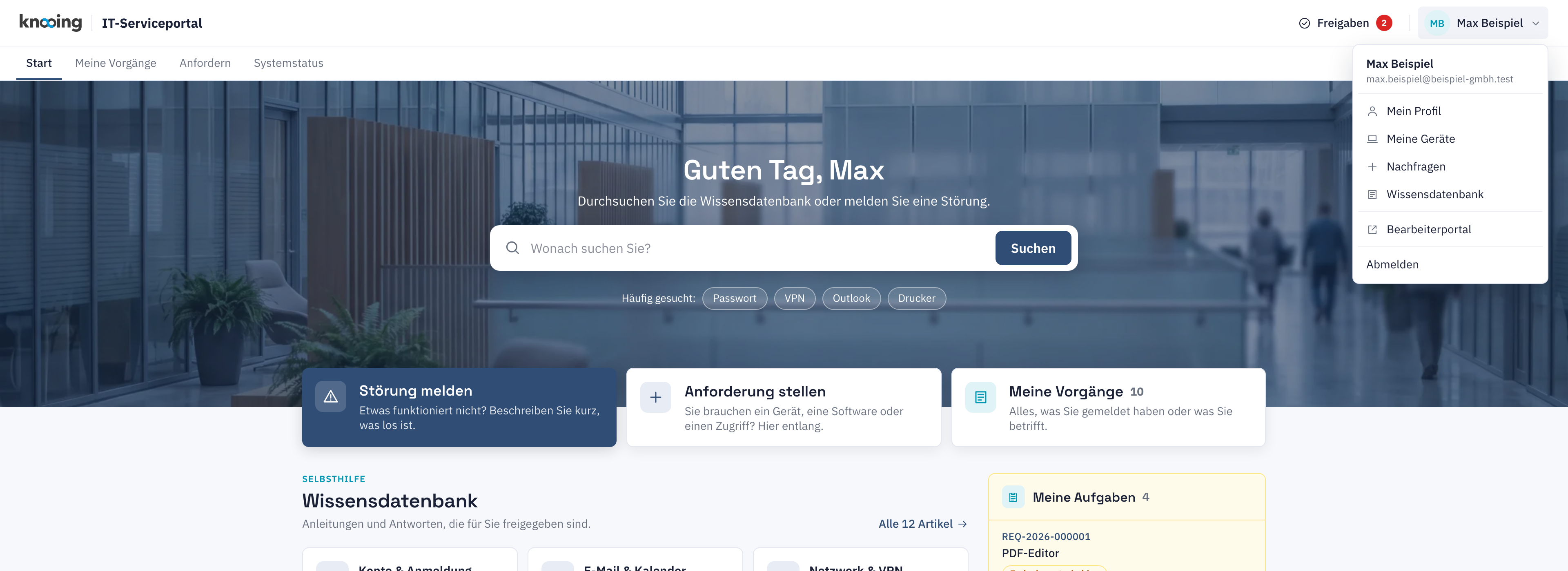 Personenmenü des Portals mit Mein Profil, Meine Geräte, Nachfragen und Wissensdatenbank