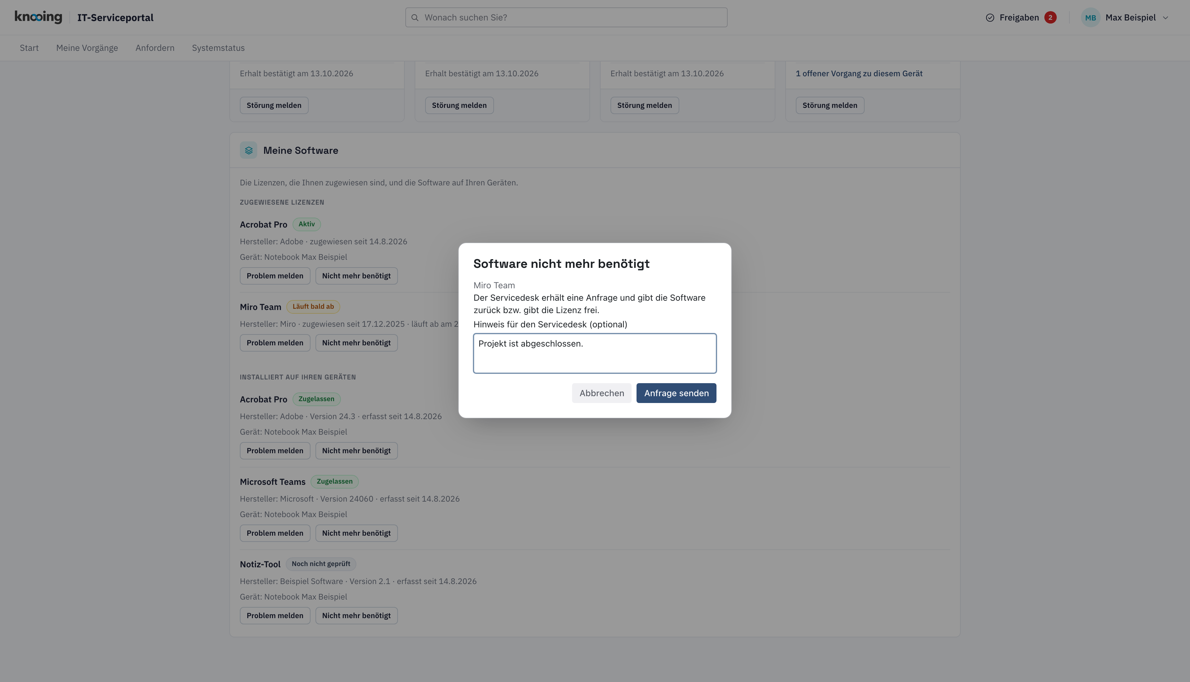 Dialog Software nicht mehr benötigt mit Hinweisfeld und Anfrage senden