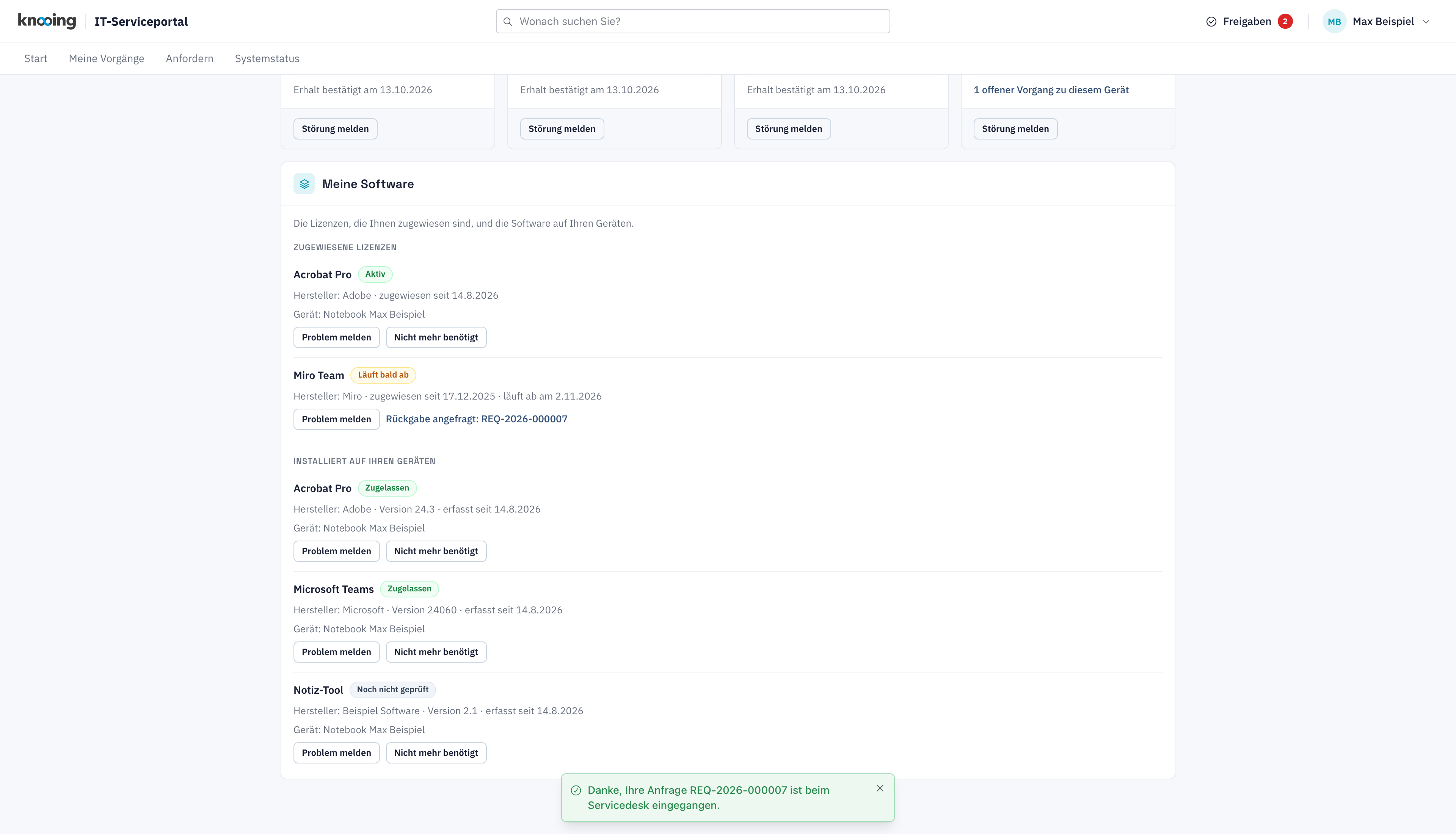 Meine Software mit der Meldung Danke, Ihre Anfrage ist eingegangen und dem Eintrag Rückgabe angefragt bei Miro Team
