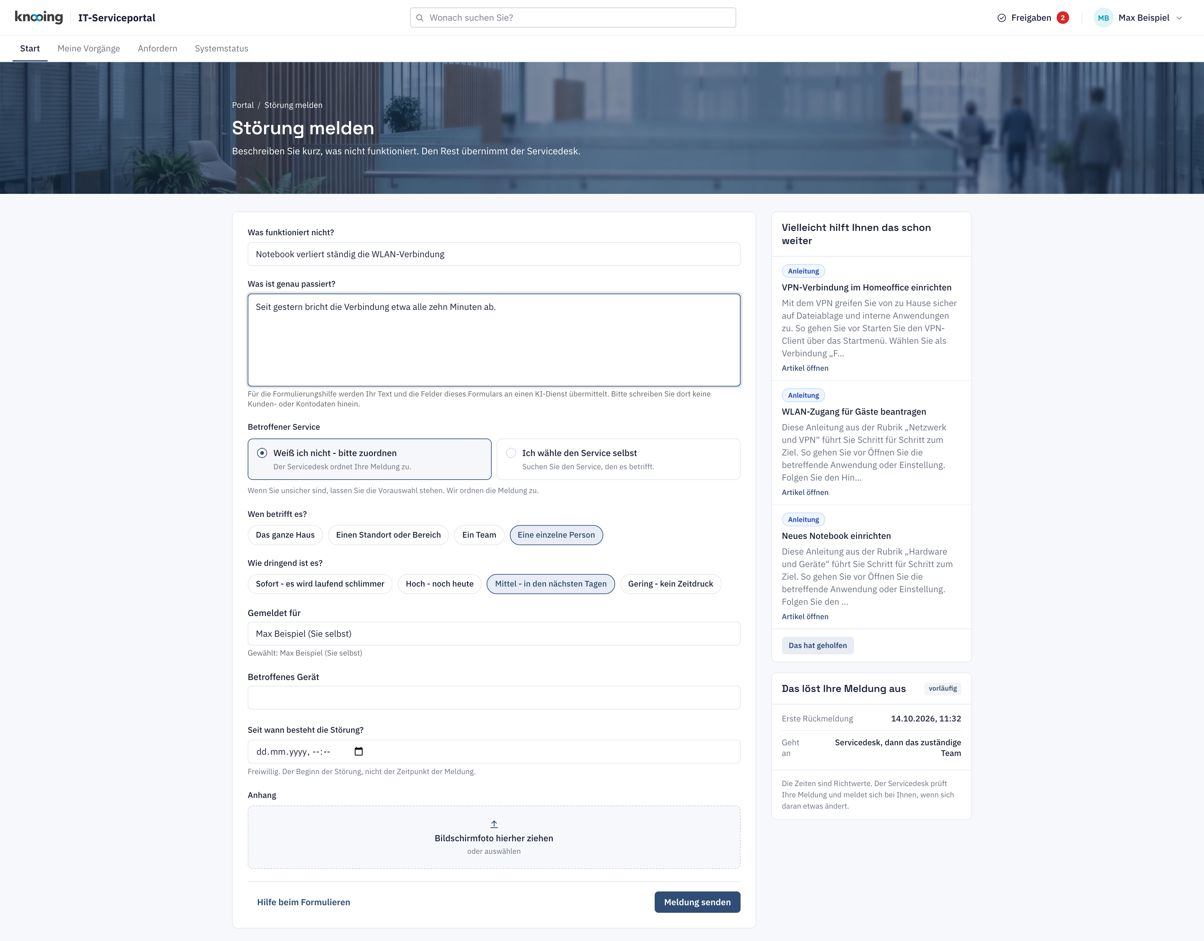 Portal-Formular Störung melden mit der Vorschau Das löst Ihre Meldung aus, nur mit Erste Rückmeldung und Geht an