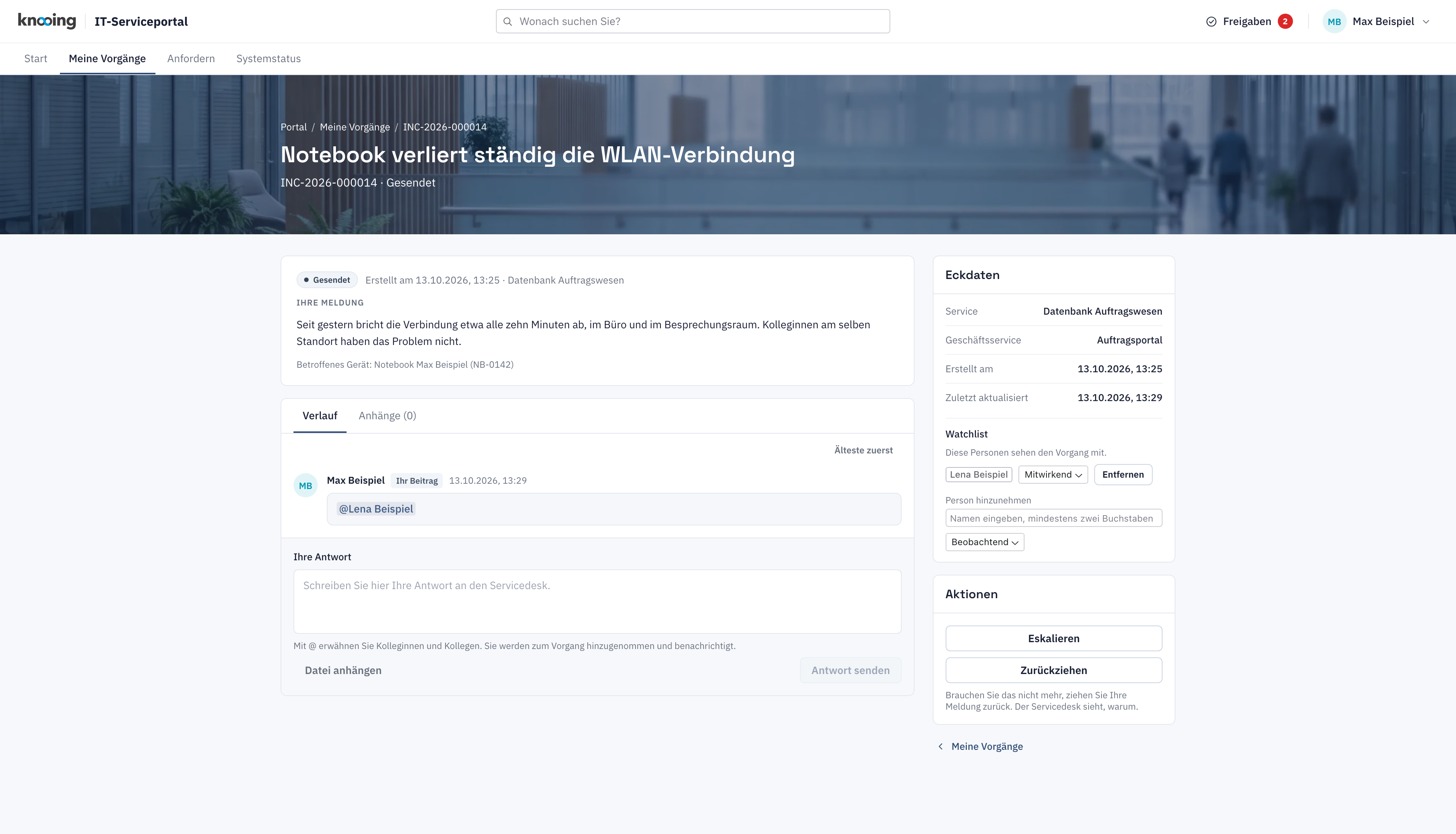 Vorgang im Portal mit Eckdaten ohne die Angabe Lösung bis