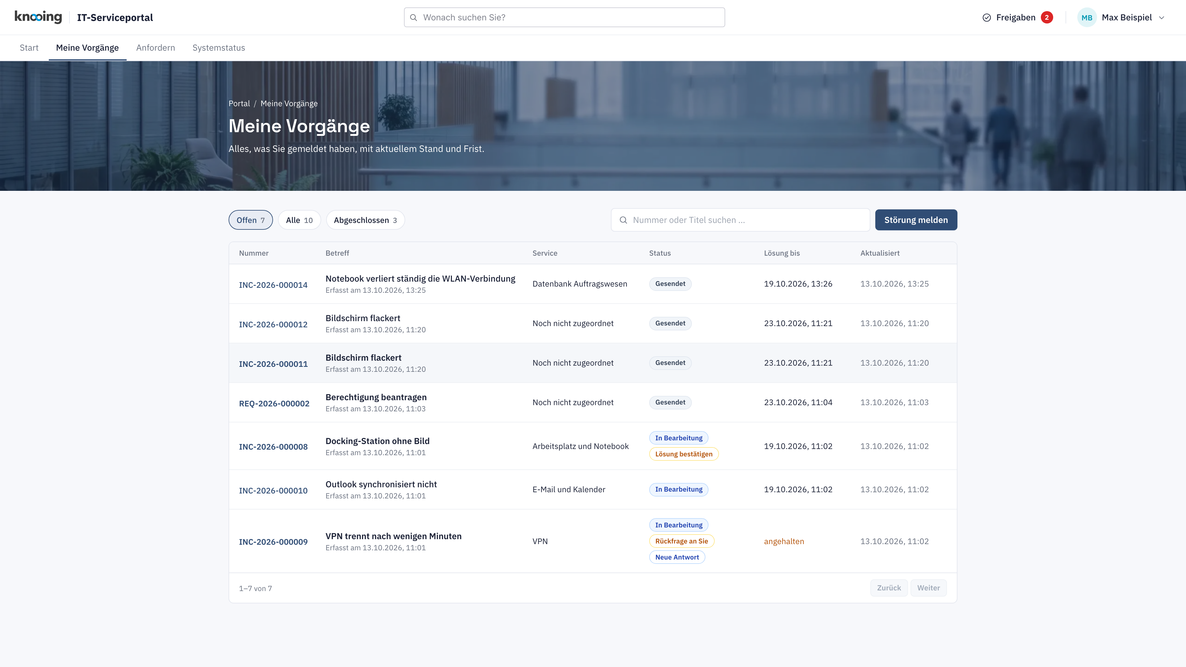 Liste Meine Vorgänge mit den Filtern Offen, Alle und Abgeschlossen und mehreren Vorgängen mit Status und Hinweisen