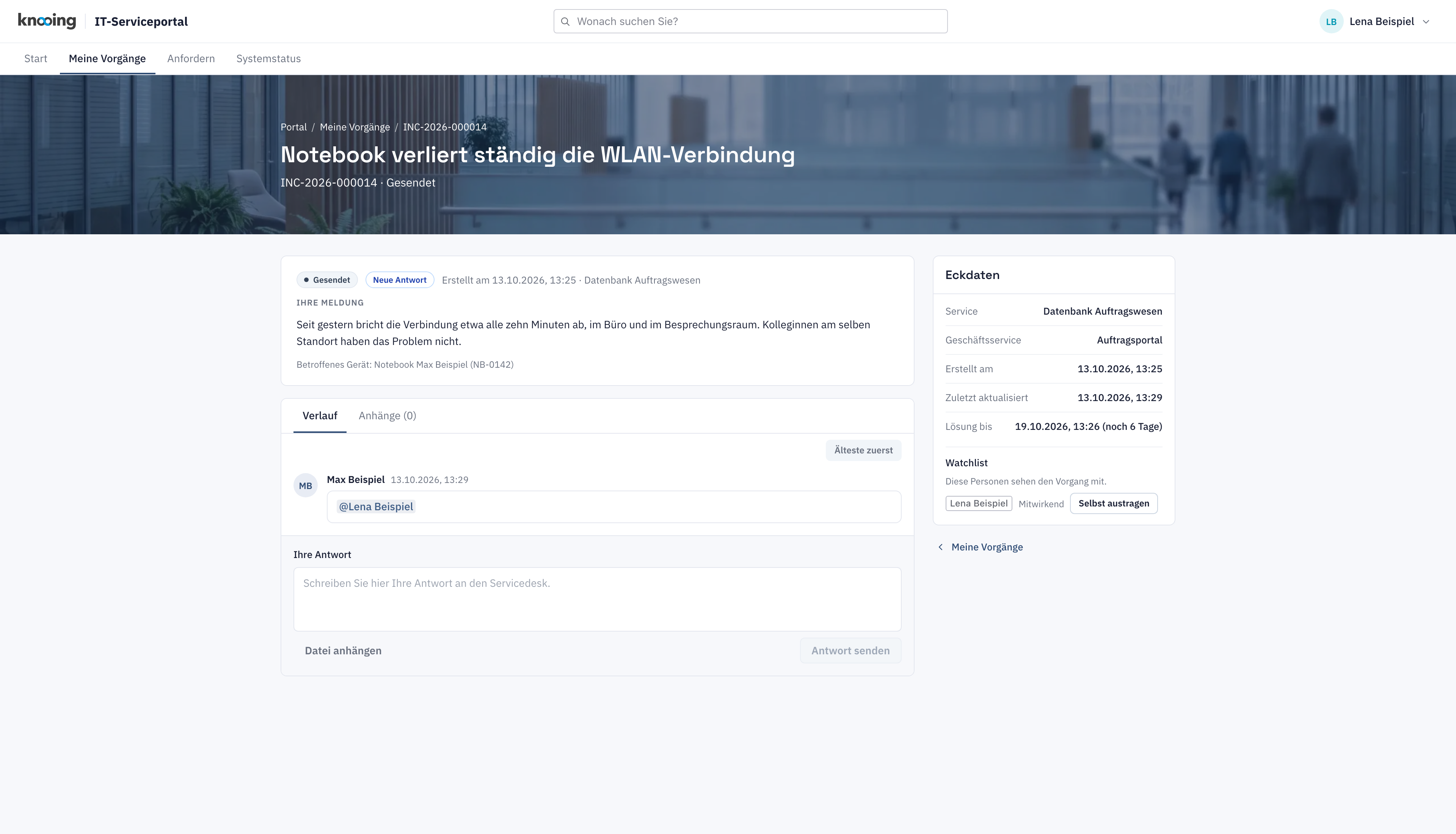Vorgang aus Sicht von Lena Beispiel mit dem Beitrag von Max Beispiel