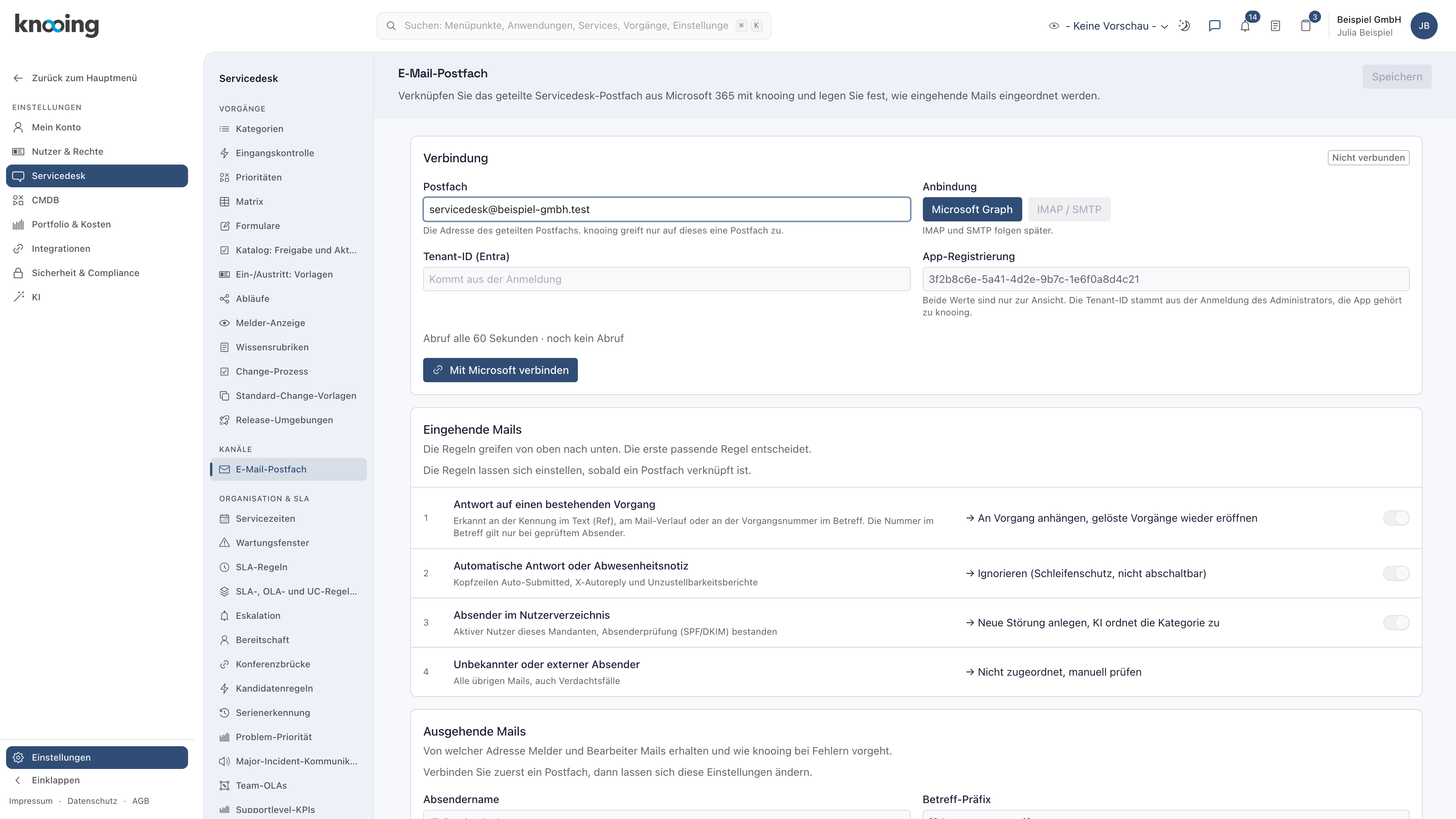 Einstellungen, Bereich Servicedesk, Seite E-Mail-Postfach mit dem Abschnitt Verbindung und dem Status Nicht verbunden