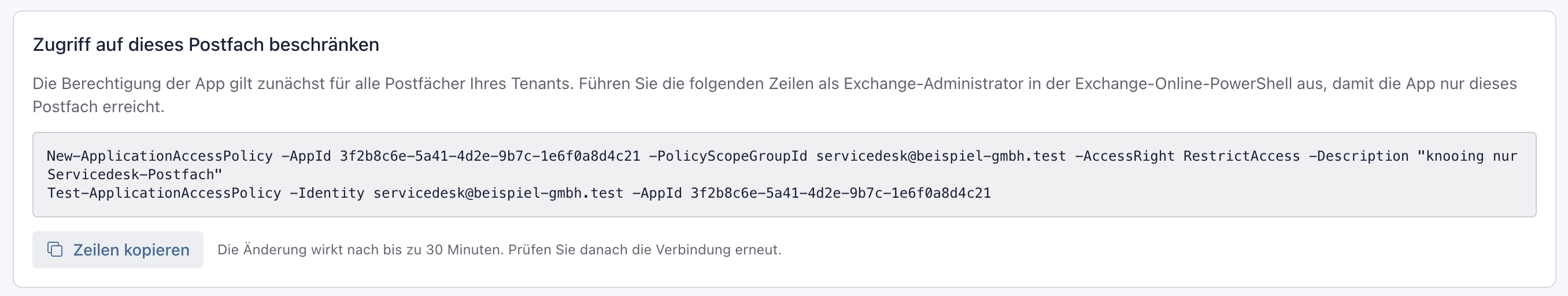 Abschnitt Zugriff auf dieses Postfach beschränken mit den beiden PowerShell-Zeilen New-ApplicationAccessPolicy und Test-ApplicationAccessPolicy und dem Knopf Zeilen kopieren