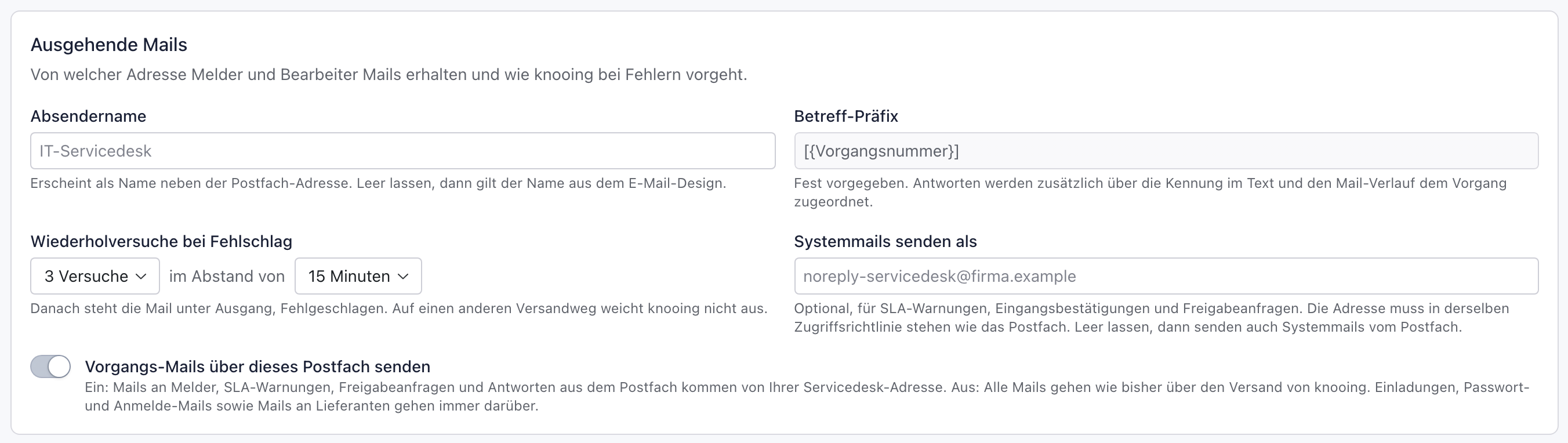Abschnitt Ausgehende Mails mit Absendername, Betreff-Präfix, Wiederholversuche bei Fehlschlag 3 Versuche im Abstand von 15 Minuten, Systemmails senden als und dem Schalter Vorgangs-Mails über dieses Postfach senden