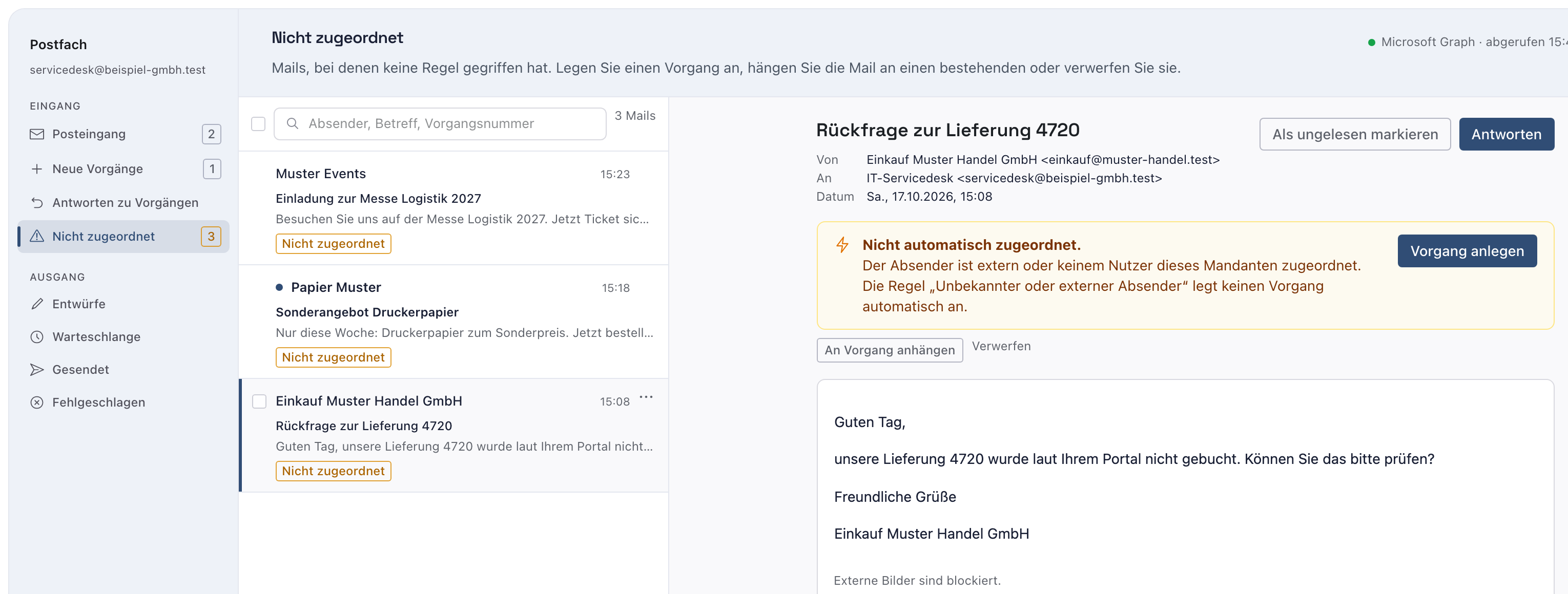 Ordner Nicht zugeordnet mit drei Mails, geöffnet ist die Rückfrage zur Lieferung 4720 mit dem gelben Kasten Nicht automatisch zugeordnet