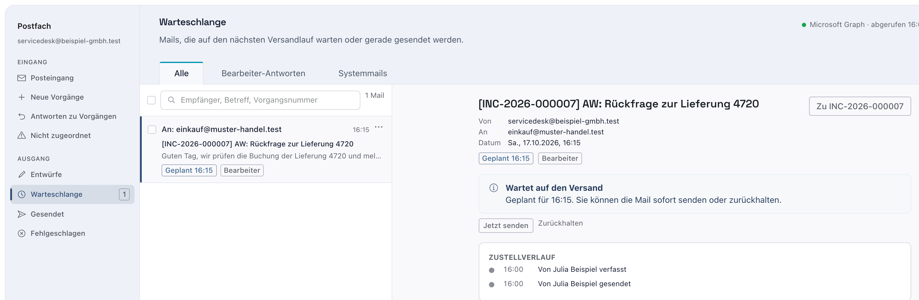 Ordner Warteschlange mit der Antwort an einkauf@muster-handel.test, Zustand Geplant, dem Hinweis Wartet auf den Versand, den Knöpfen Jetzt senden und Zurückhalten und dem Zustellverlauf