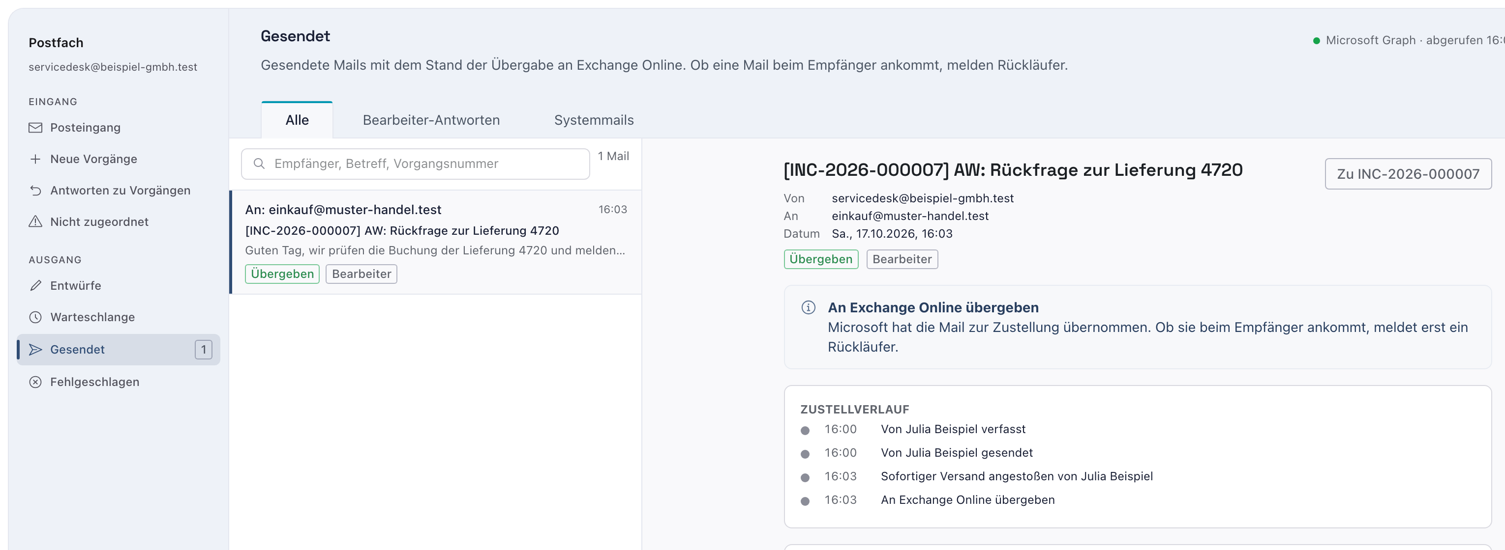 Ordner Gesendet mit der Antwort, Zustand Übergeben, dem blauen Kasten An Exchange Online übergeben und dem Zustellverlauf