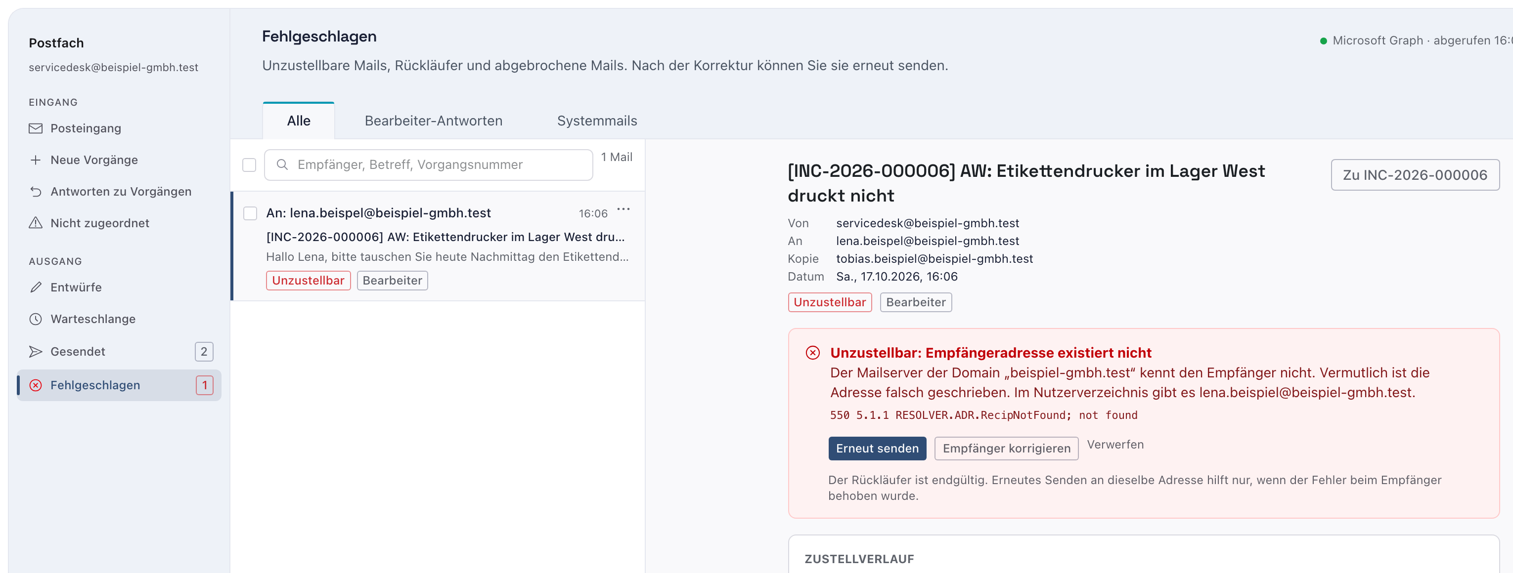 Ordner Fehlgeschlagen mit der Mail an lena.beispel@beispiel-gmbh.test, dem roten Kasten Unzustellbar: Empfängeradresse existiert nicht mit dem Vorschlag aus dem Nutzerverzeichnis und den Knöpfen Erneut senden, Empfänger korrigieren und Verwerfen