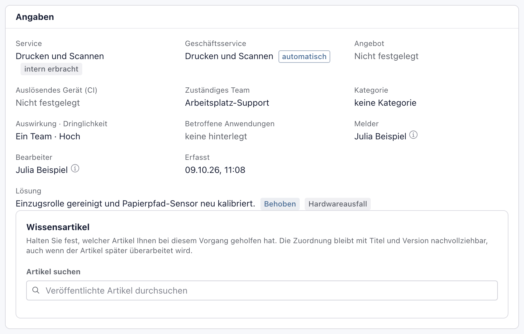 Angaben der gelösten Störung mit der Lösung, dem Lösungscode Behoben und der Ursachenklasse Hardwareausfall