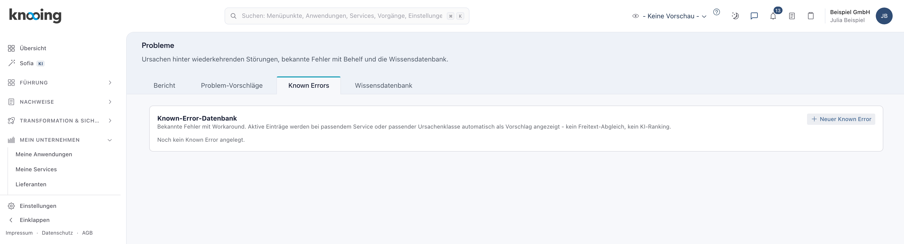 Reiter Known Errors mit der leeren Known-Error-Datenbank und dem Knopf Neuer Known Error