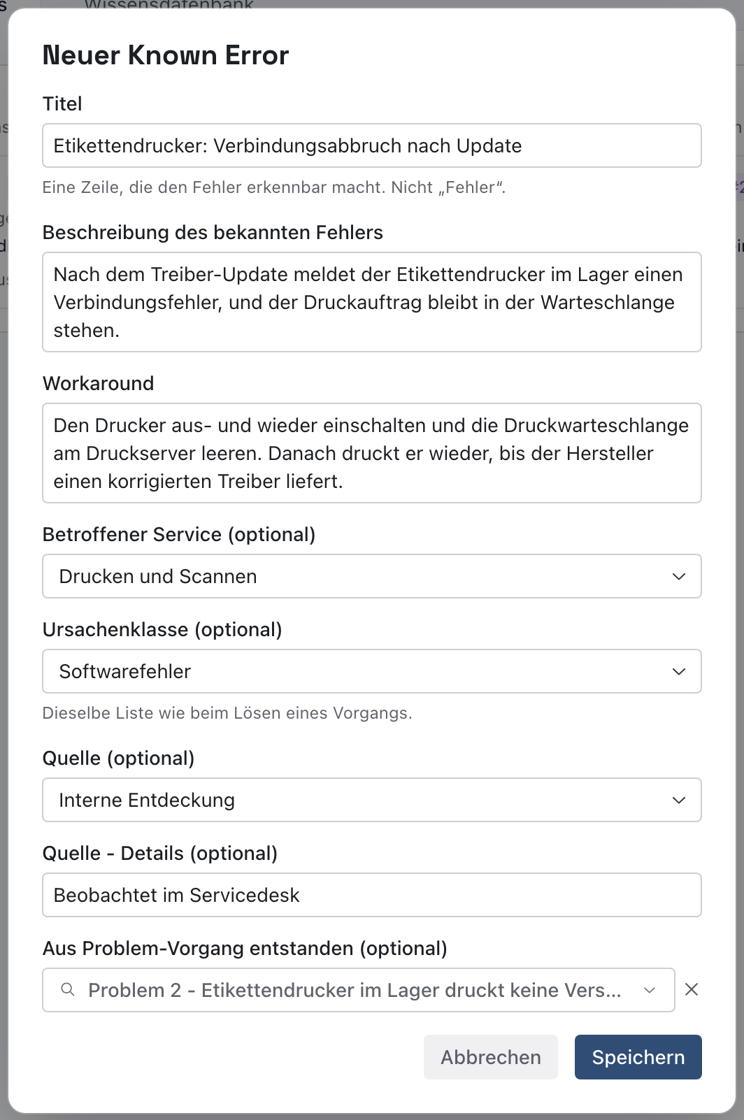 Fenster Neuer Known Error mit Titel, Beschreibung, Workaround, Service Drucken und Scannen, Ursachenklasse Softwarefehler, Quelle und Problem 2
