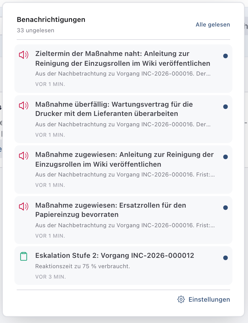Glocke mit den Meldungen Zieltermin der Maßnahme naht und Maßnahme überfällig