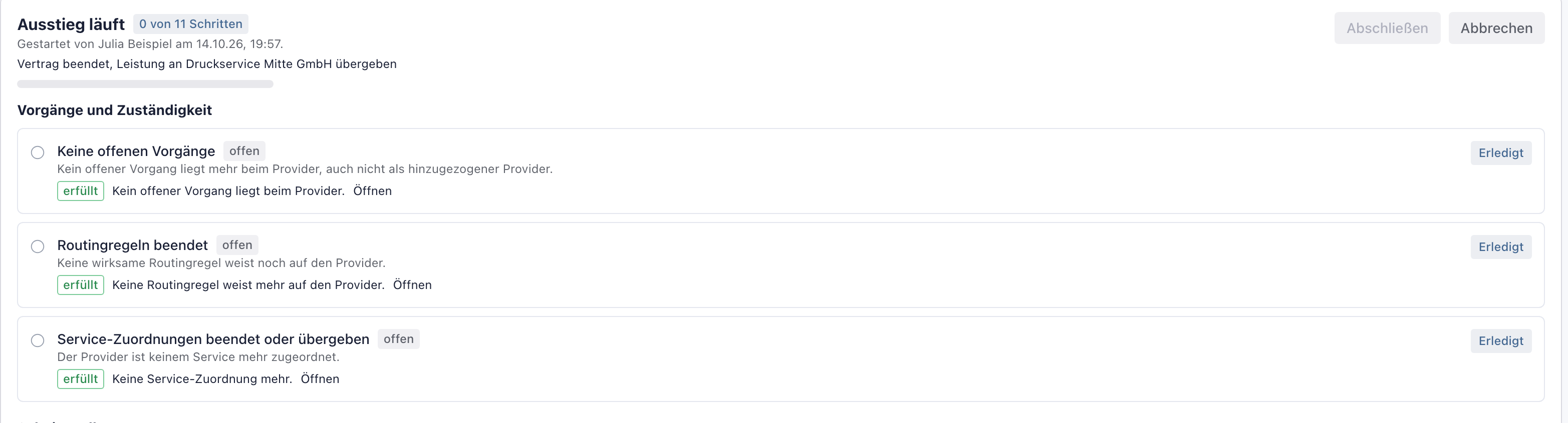 Ausstieg der Altdienstleister GmbH läuft mit 0 von 11 Schritten und den ersten Schritten Keine offenen Vorgänge, Routingregeln beendet und Service-Zuordnungen beendet, alle erfüllt