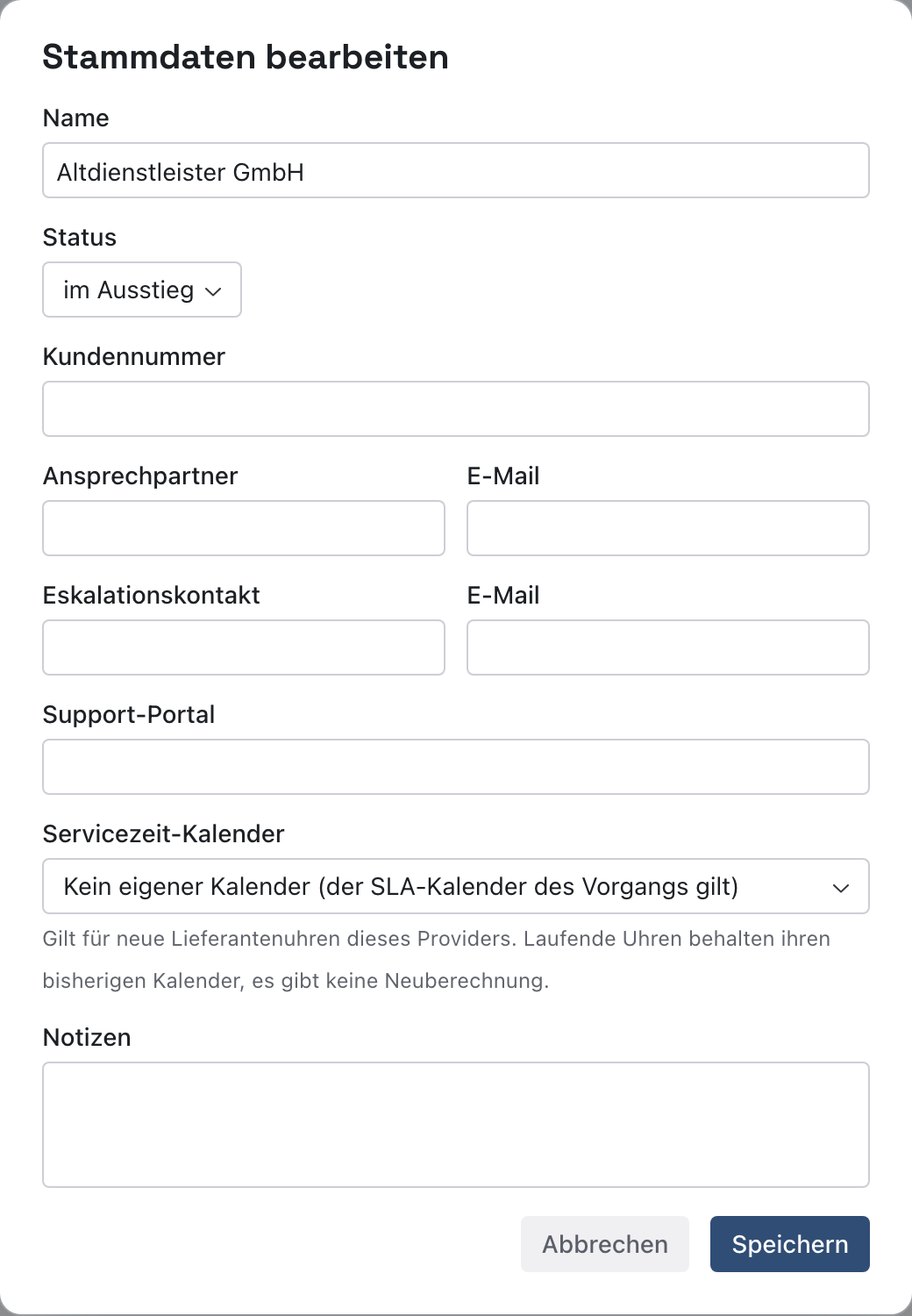 Dialog Stammdaten bearbeiten der Altdienstleister GmbH mit dem Status im Ausstieg