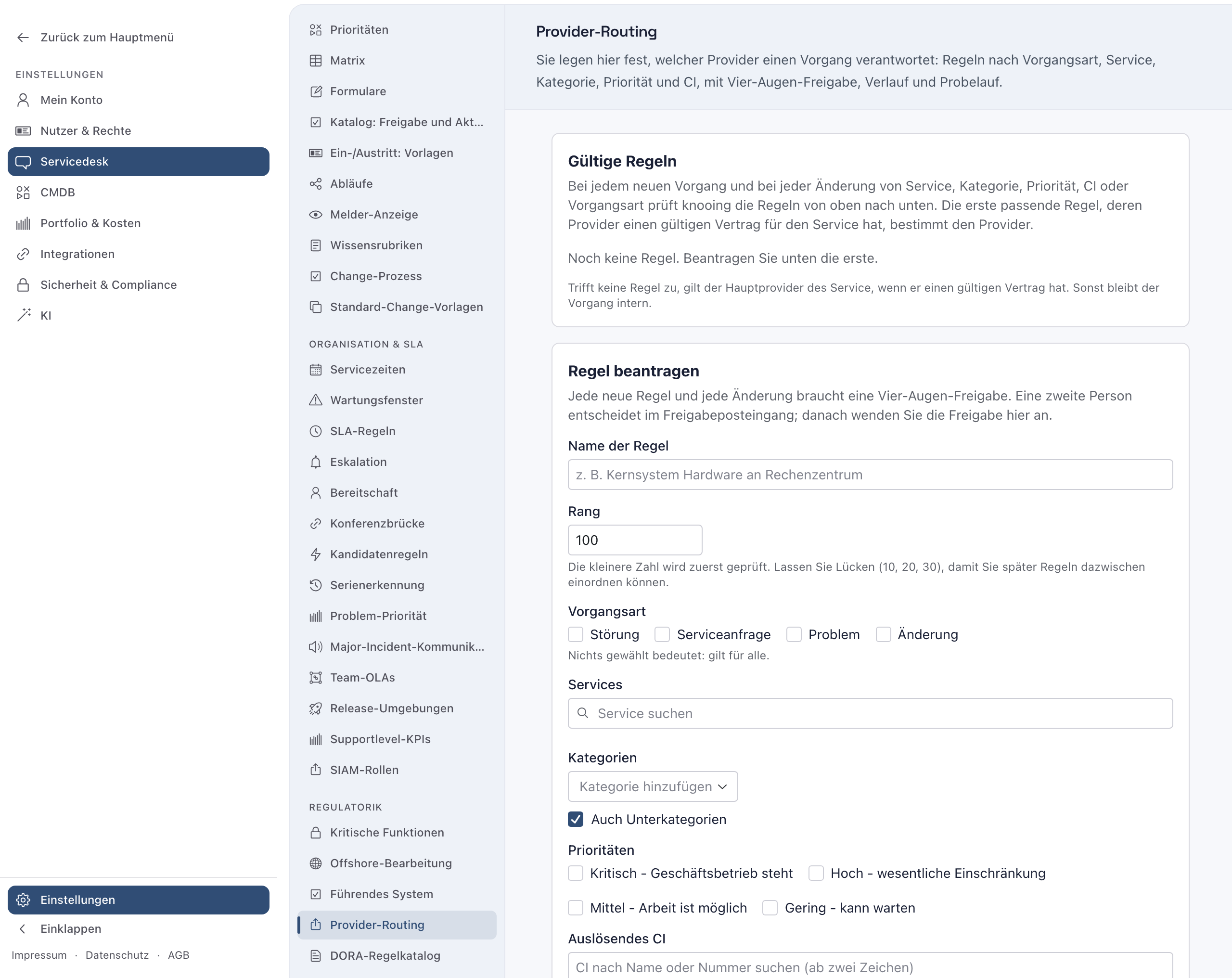 Einstellungen mit dem Bereich Servicedesk und der Seite Provider-Routing, noch ohne Regel