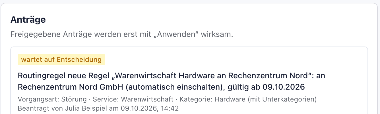 Liste Anträge mit dem neuen Antrag im Status wartet auf Entscheidung