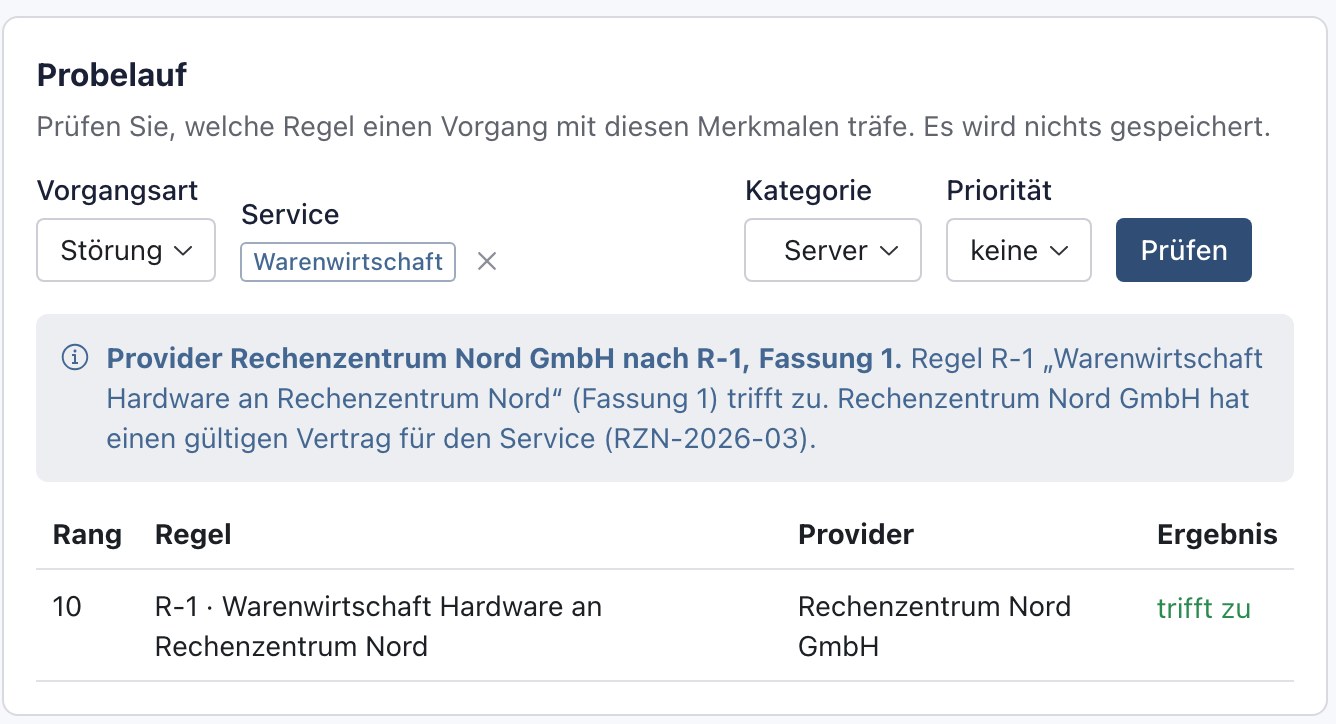 Probelauf mit Service Warenwirtschaft, Kategorie Server und dem Ergebnis R-1 trifft zu