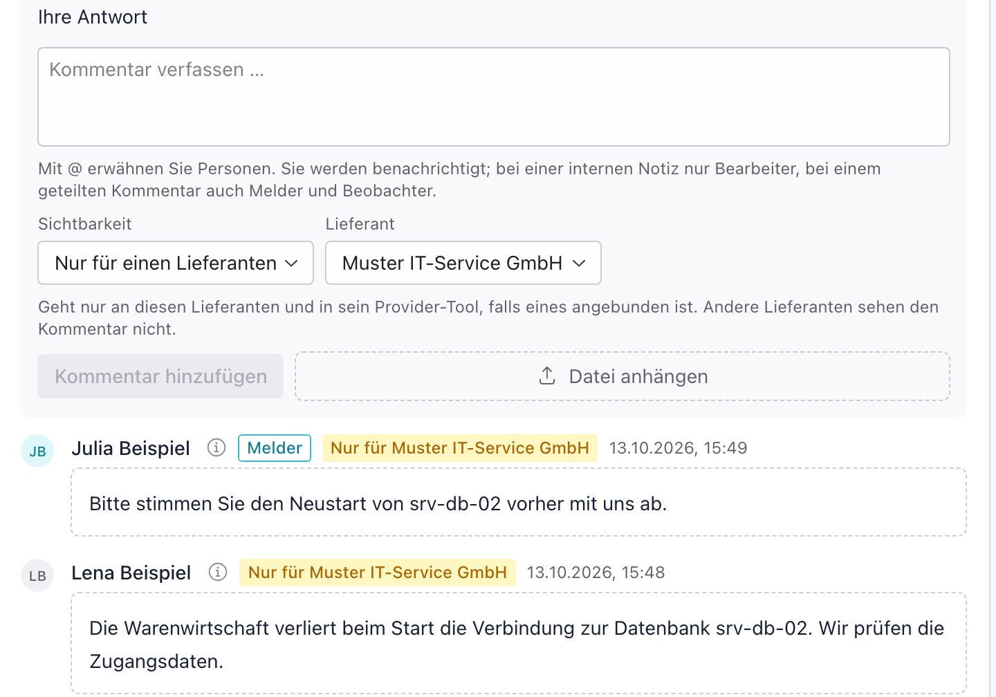 Bereich Ihre Antwort mit Sichtbarkeit Nur für einen Lieferanten, Lieferant Muster IT-Service GmbH und dem Hinweis, dass der Kommentar nur an diesen Lieferanten und in sein Provider-Tool geht, darunter zwei Kommentare mit dem Hinweis Nur für Muster IT-Service GmbH