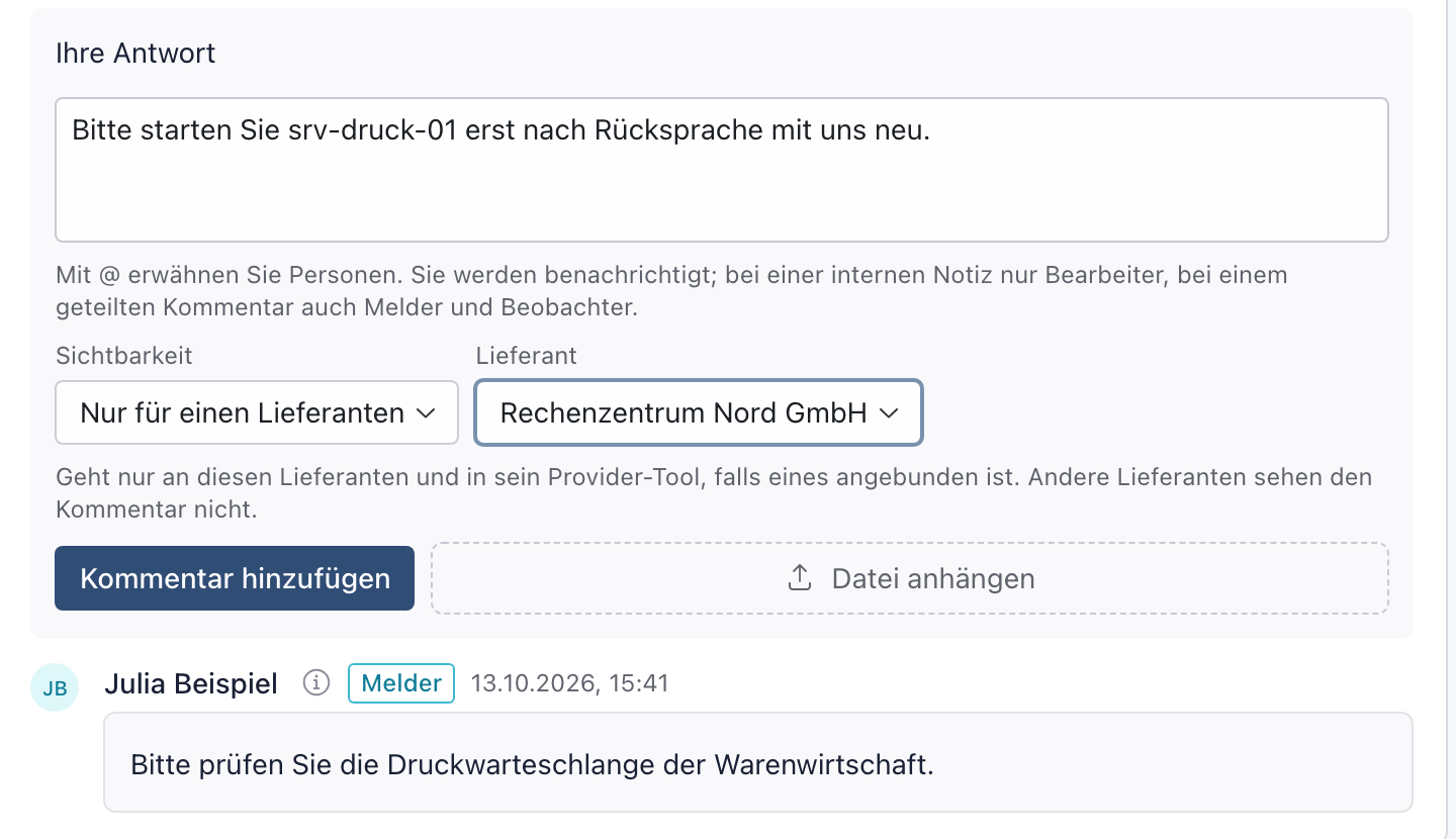 Sichtbarkeit Nur für einen Lieferanten mit Lieferant Rechenzentrum Nord GmbH und dem Hinweis, dass der Kommentar nur in dessen Provider-Tool geht