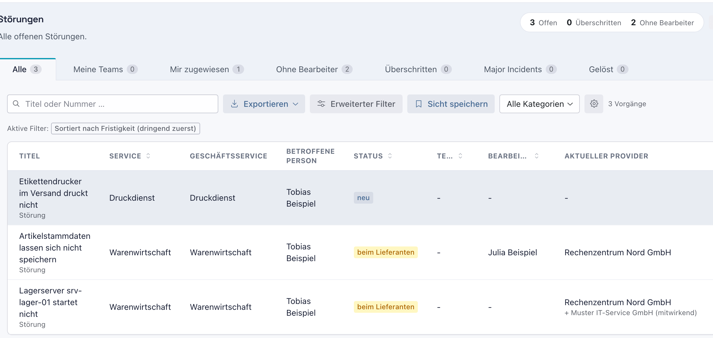 Tabelle der Störungen mit der Spalte Aktueller Provider