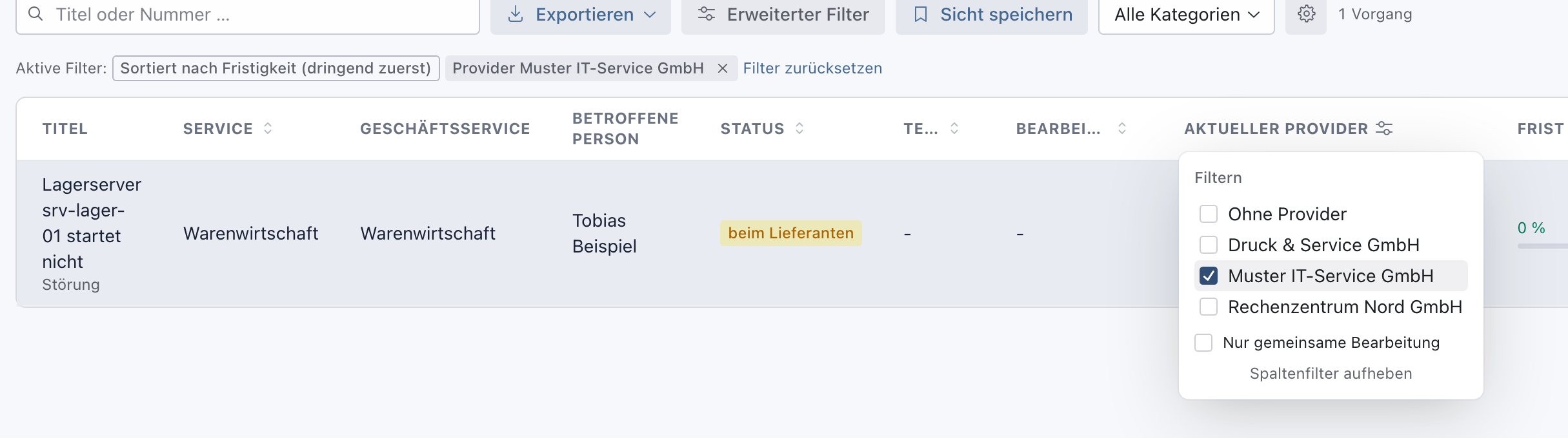 Filtermenü der Spalte Aktueller Provider mit Haken bei Muster IT-Service GmbH