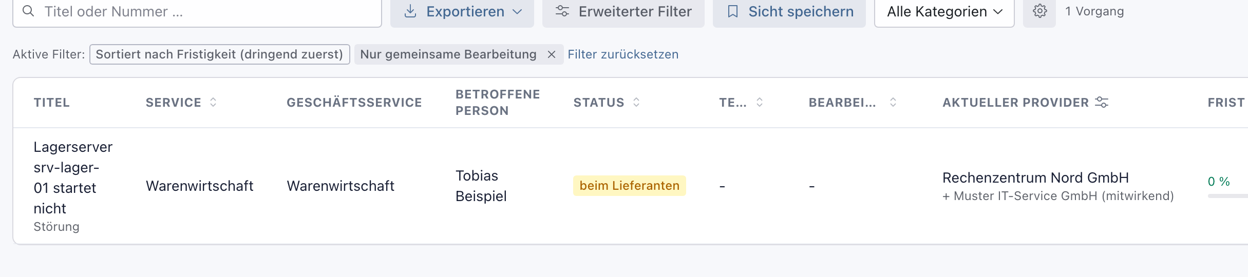 Liste mit dem Filter Nur gemeinsame Bearbeitung und einer Störung