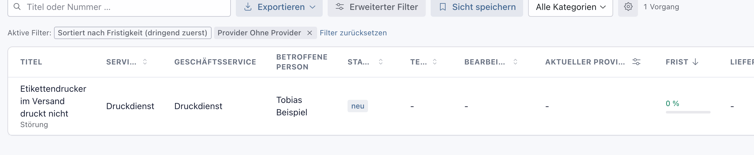 Liste mit dem Filter Ohne Provider und der Störung Etikettendrucker im Versand druckt nicht
