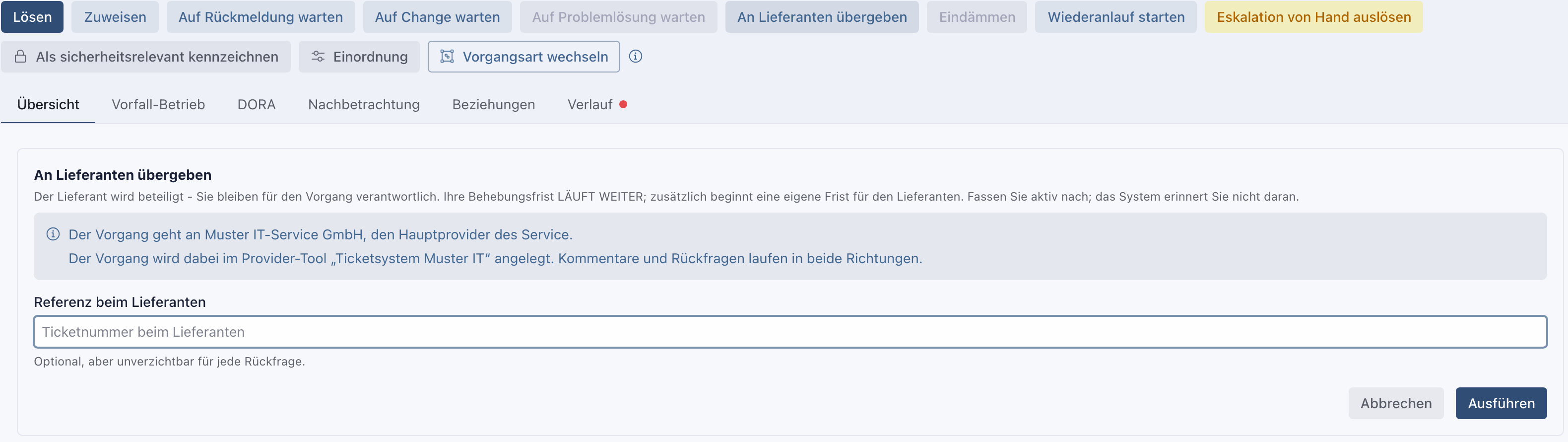 Formular An Lieferanten übergeben mit dem Hinweis auf die Muster IT-Service GmbH und das Provider-Tool Ticketsystem Muster IT