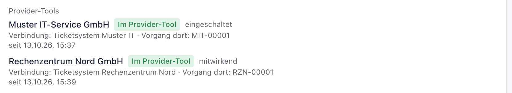 Block Provider-Tools mit zwei Zeilen: Muster IT-Service GmbH eingeschaltet und Rechenzentrum Nord GmbH mitwirkend
