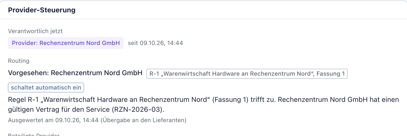 Karte Provider-Steuerung nach der Kategorie: Provider Rechenzentrum Nord GmbH, Regel R-1, Fassung 1