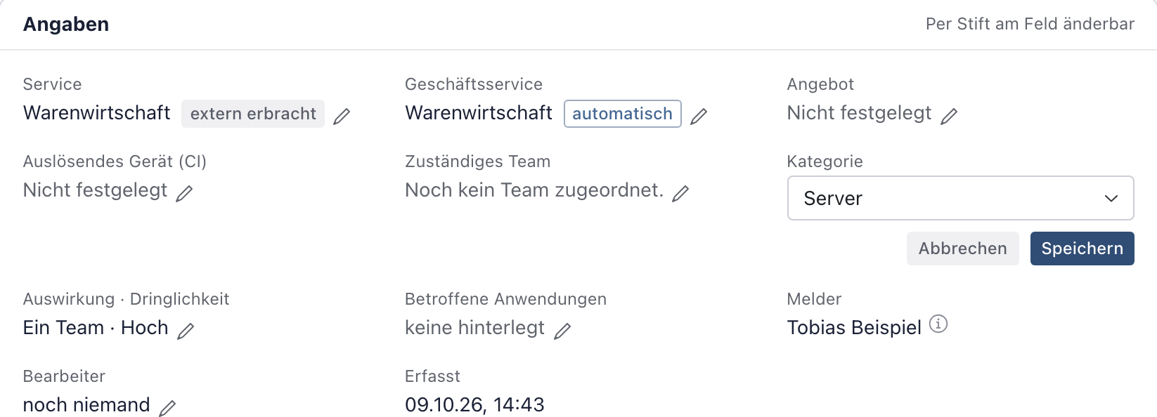 Karte Angaben mit der Auswahl Kategorie Server und dem Knopf Speichern