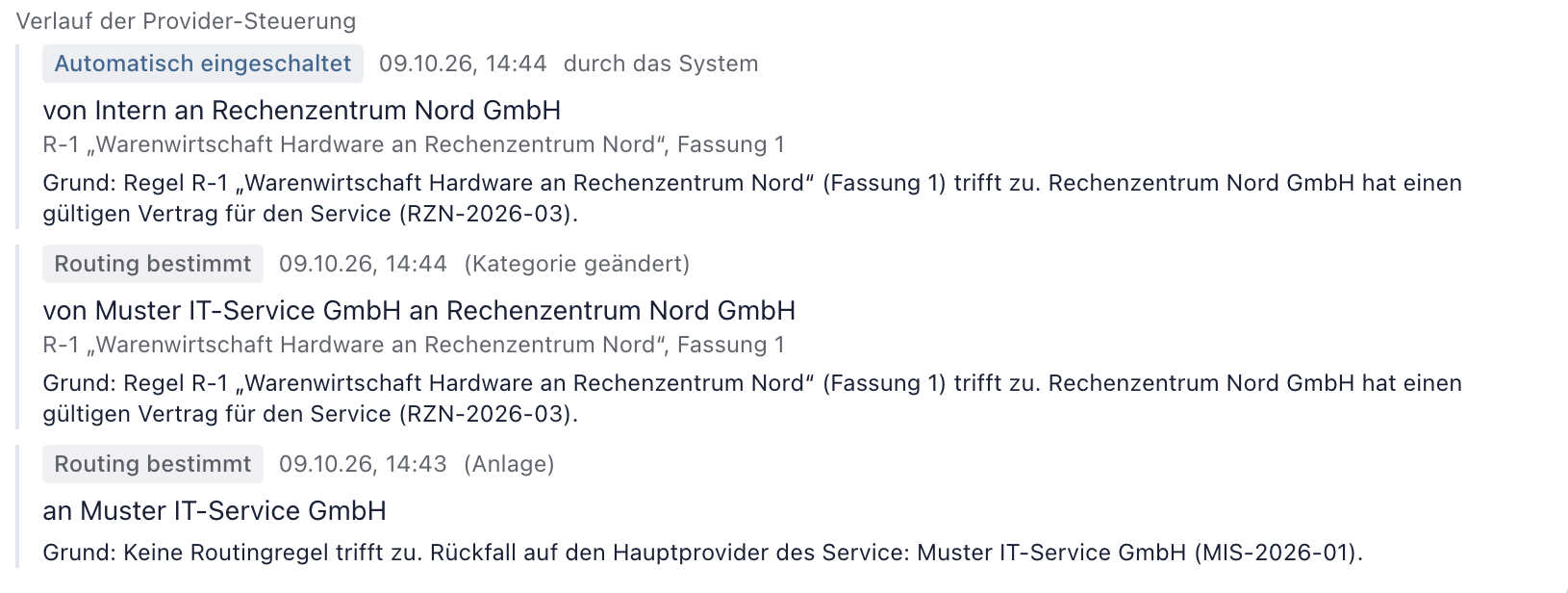 Verlauf der Provider-Steuerung mit Automatisch eingeschaltet und zwei Einträgen Routing bestimmt
