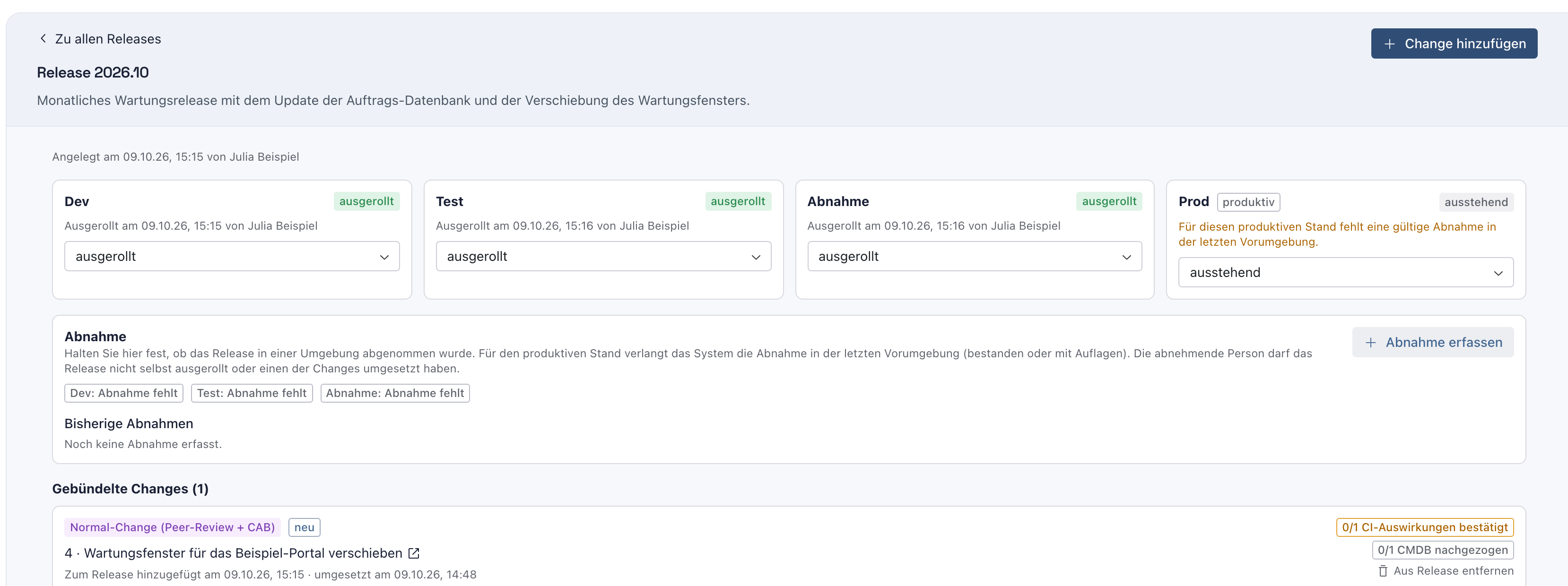 Release 2026.10 mit den Umgebungen Dev, Test und Abnahme auf ausgerollt und Prod auf ausstehend mit dem Hinweis auf die fehlende Abnahme, darunter der Abschnitt Abnahme und die gebündelten Changes
