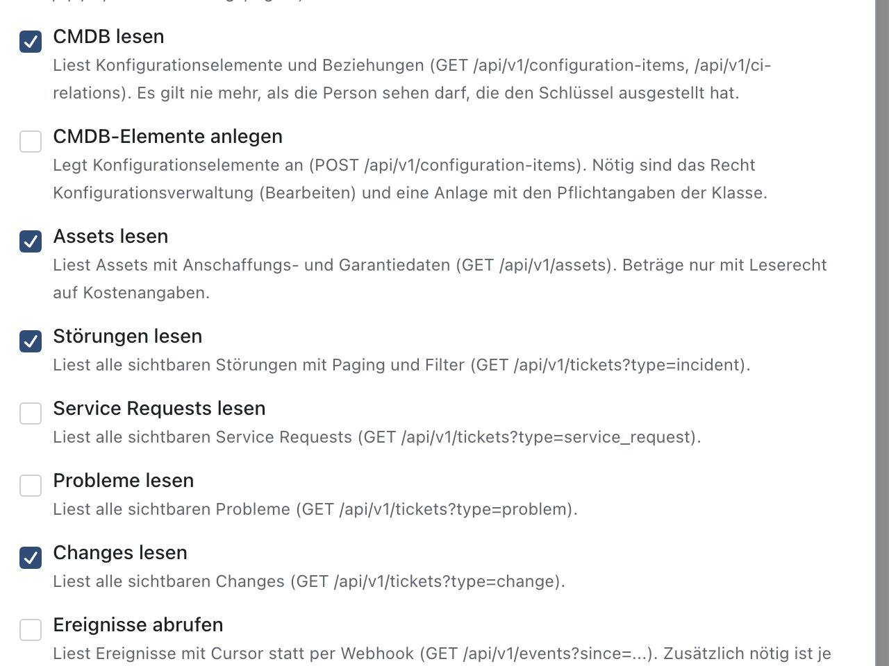 Berechtigungen im Dialog Schlüssel anlegen: CMDB lesen, Assets lesen, Störungen lesen und Changes lesen sind angehakt