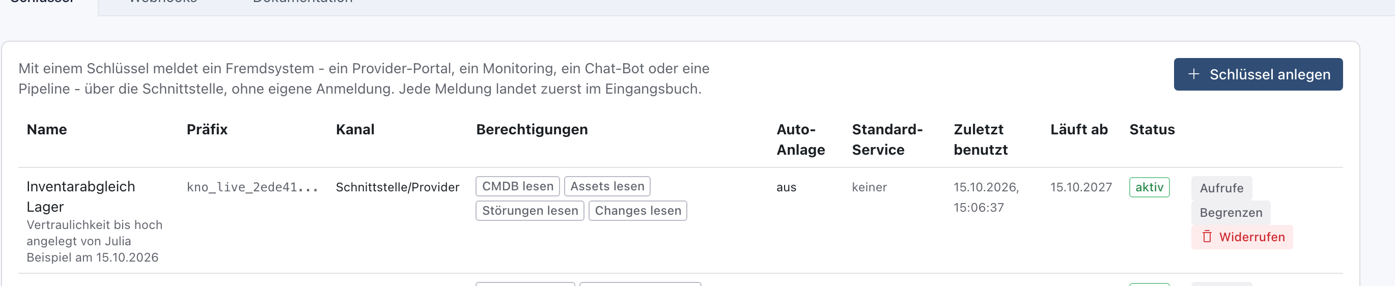 Liste der Schlüssel mit Inventarabgleich Lager, Vertraulichkeit bis hoch, Berechtigungen CMDB lesen, Assets lesen, Störungen lesen und Changes lesen, Läuft ab 15.10.2027, Status aktiv