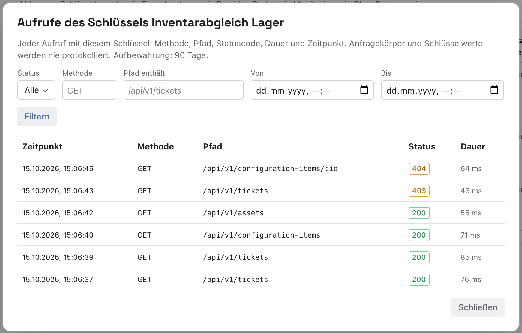 Dialog Aufrufe des Schlüssels Inventarabgleich Lager mit Filtern und sechs Aufrufen: vier mit Status 200, einer mit 403 auf /api/v1/tickets und einer mit 404 auf /api/v1/configuration-items/:id