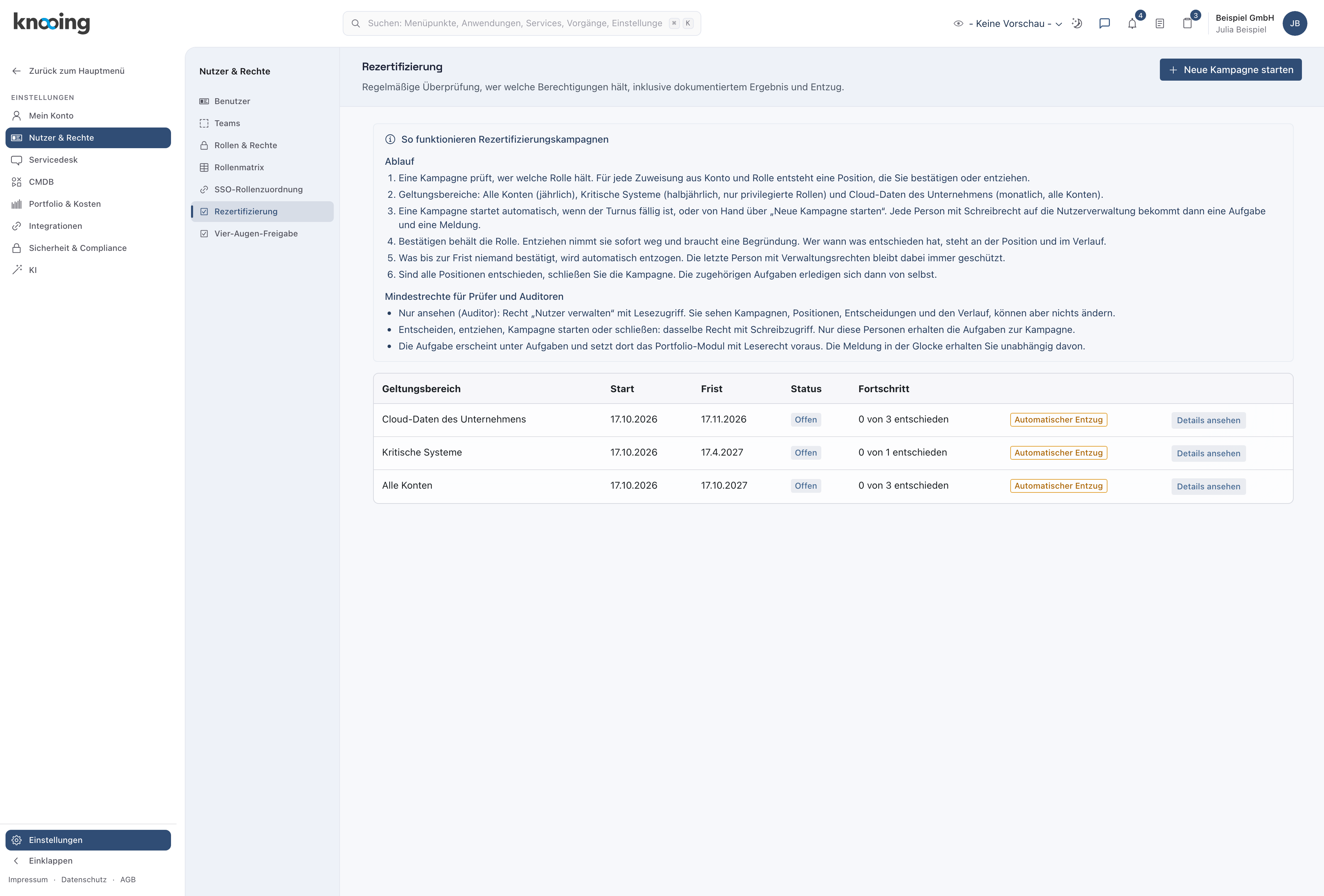 Seite Rezertifizierung mit der Erklärung So funktionieren Rezertifizierungskampagnen und drei offenen Kampagnen Cloud-Daten des Unternehmens, Kritische Systeme und Alle Konten
