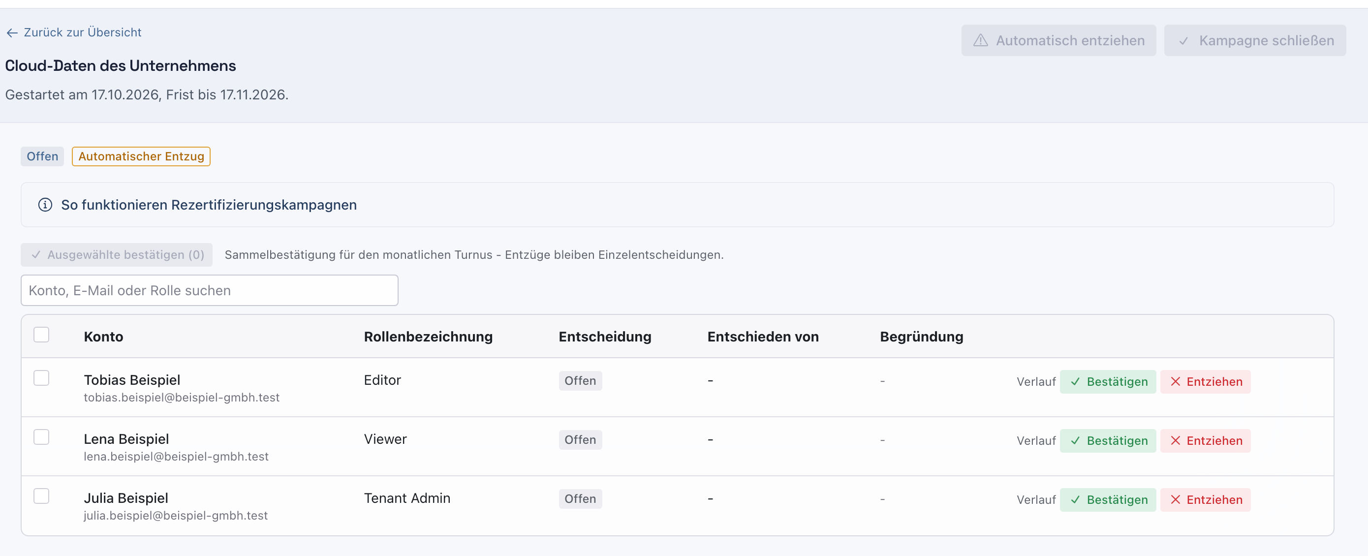 Kampagne Cloud-Daten des Unternehmens mit Start, Frist und drei offenen Positionen Julia Beispiel Tenant Admin, Tobias Beispiel Editor und Lena Beispiel Viewer