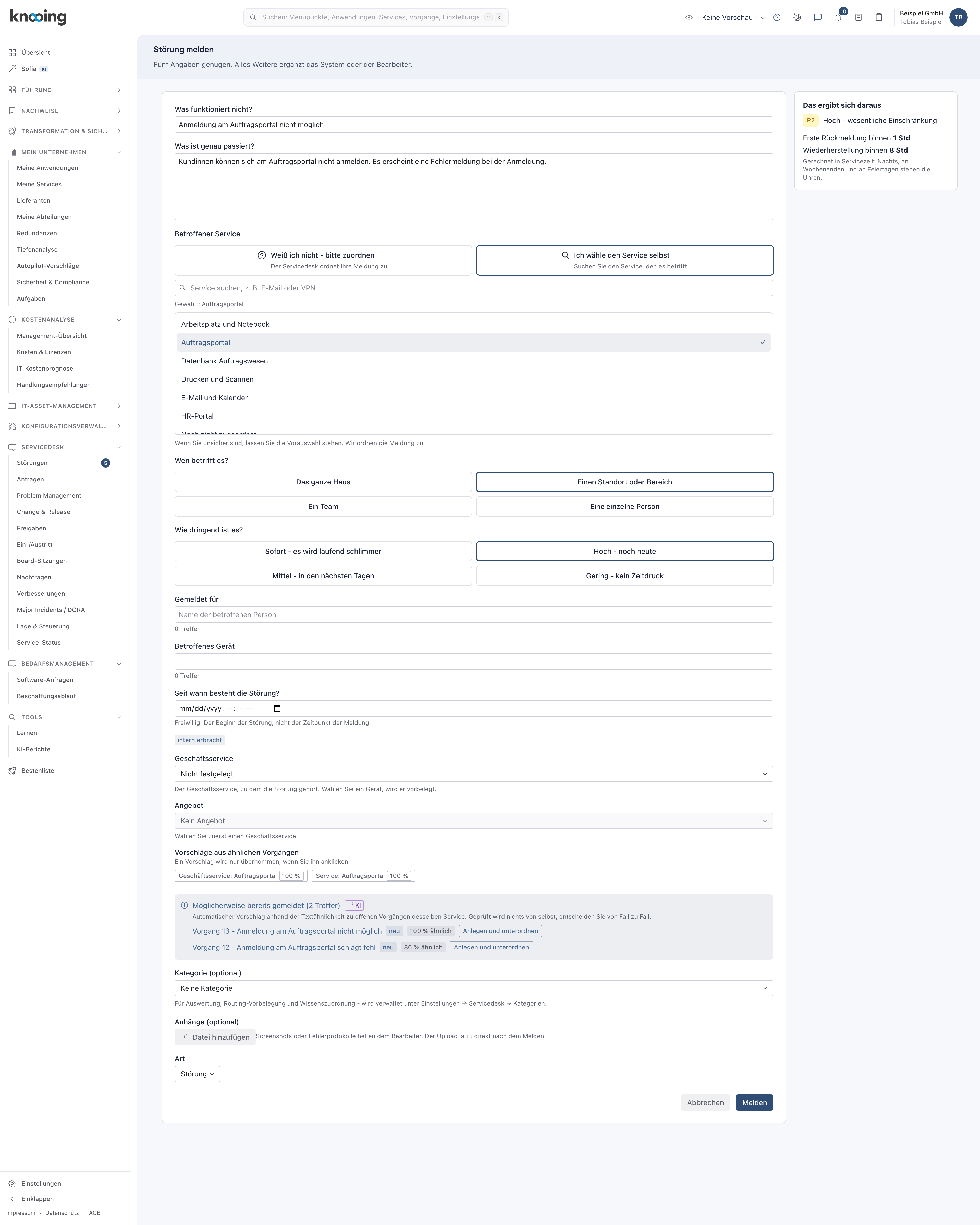 Erfassungsmaske mit dem Block Möglicherweise bereits gemeldet und den Knöpfen Anlegen und unterordnen