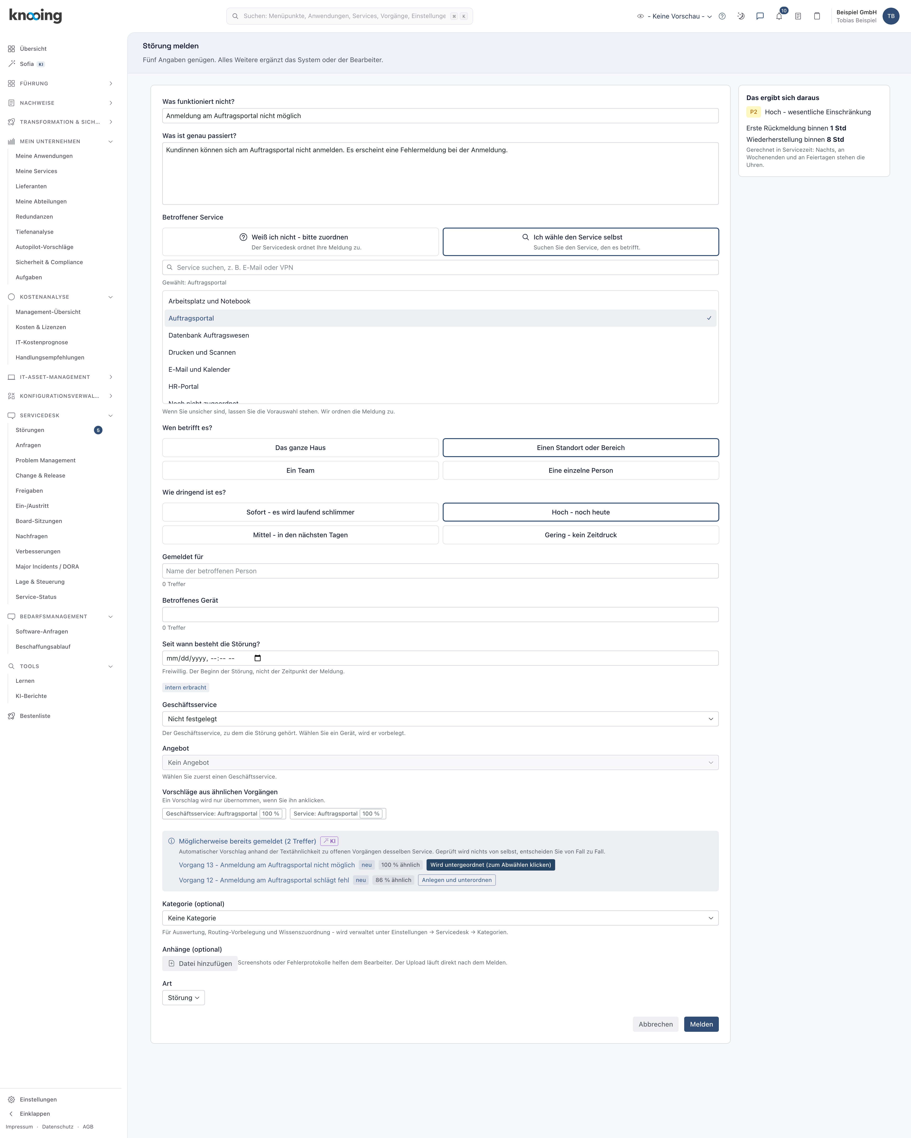 Vorgemerkter Vorschlag mit dem Knopf Wird untergeordnet und dem Knopf Melden