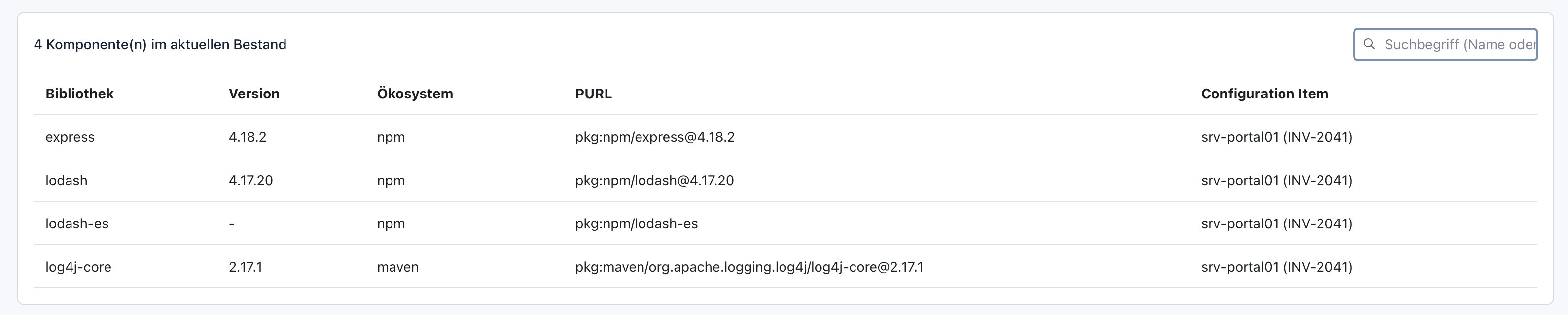 Bestand mit 4 Komponenten von srv-portal01 (INV-2041): express, lodash, lodash-es und log4j-core