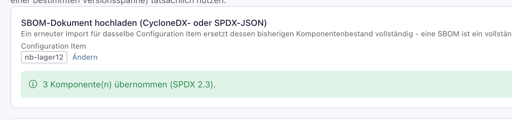 Kasten SBOM-Dokument hochladen mit nb-lager12 und grünem Ergebnis 3 Komponente(n) übernommen (SPDX 2.3).