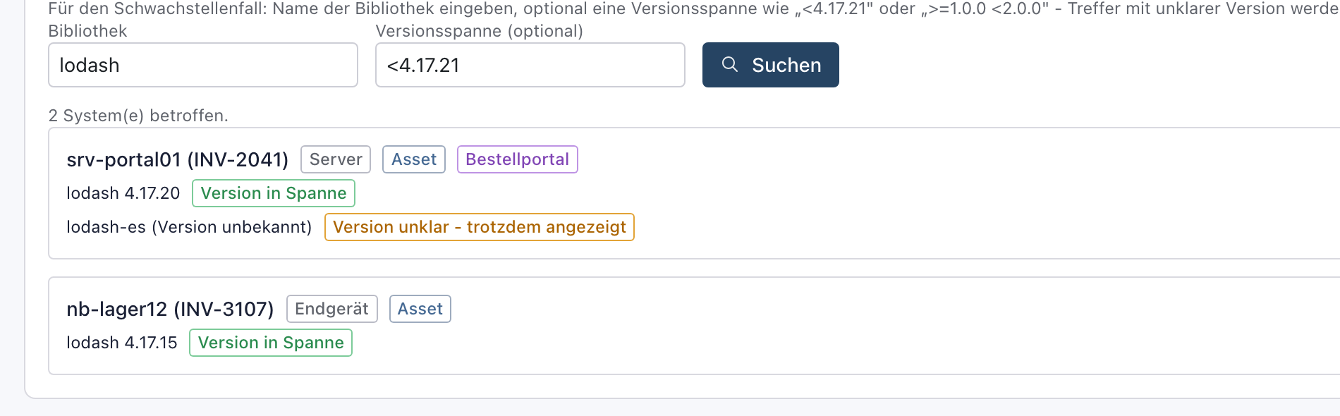 Rückwärtssuche nach lodash mit der Spanne <4.17.21: Kennzeichen Version in Spanne und Version unklar, am Kartentitel Server, Asset und Bestellportal