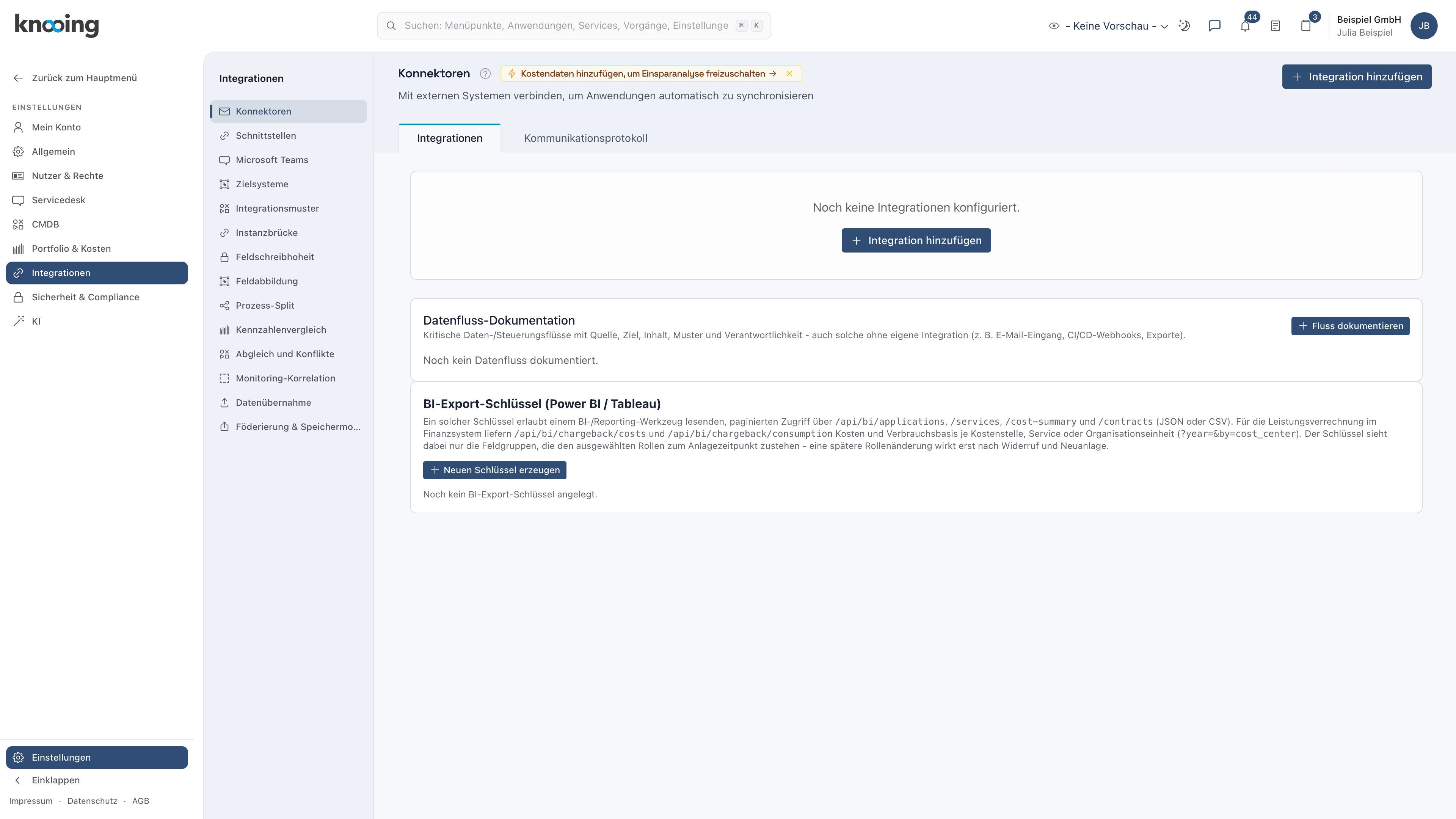 Seite Konnektoren unter Einstellungen, Integrationen, mit dem Knopf Integration hinzufügen oben rechts