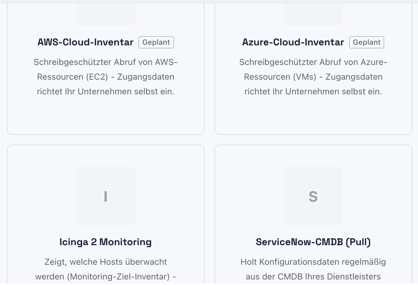 Seite Integration auswählen mit den Kacheln AWS-Cloud-Inventar, Azure-Cloud-Inventar, Icinga 2 Monitoring und ServiceNow-CMDB (Pull)